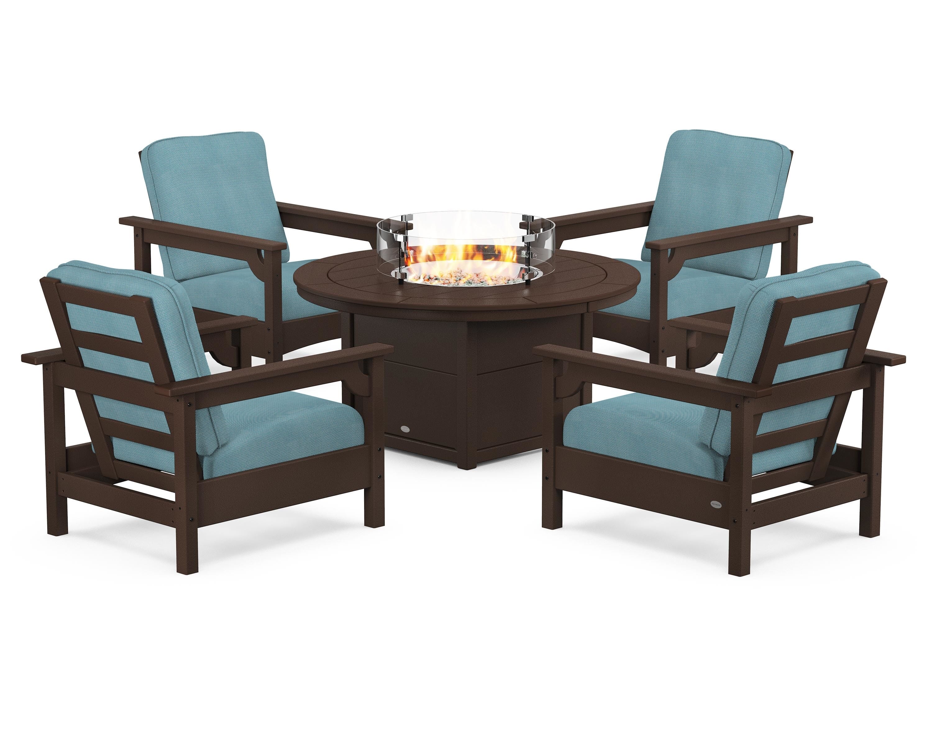 POLYWOOD Club 5-Piece Conversation Set with Fire Pit Table in Mahogany / Lattice Sky Blue