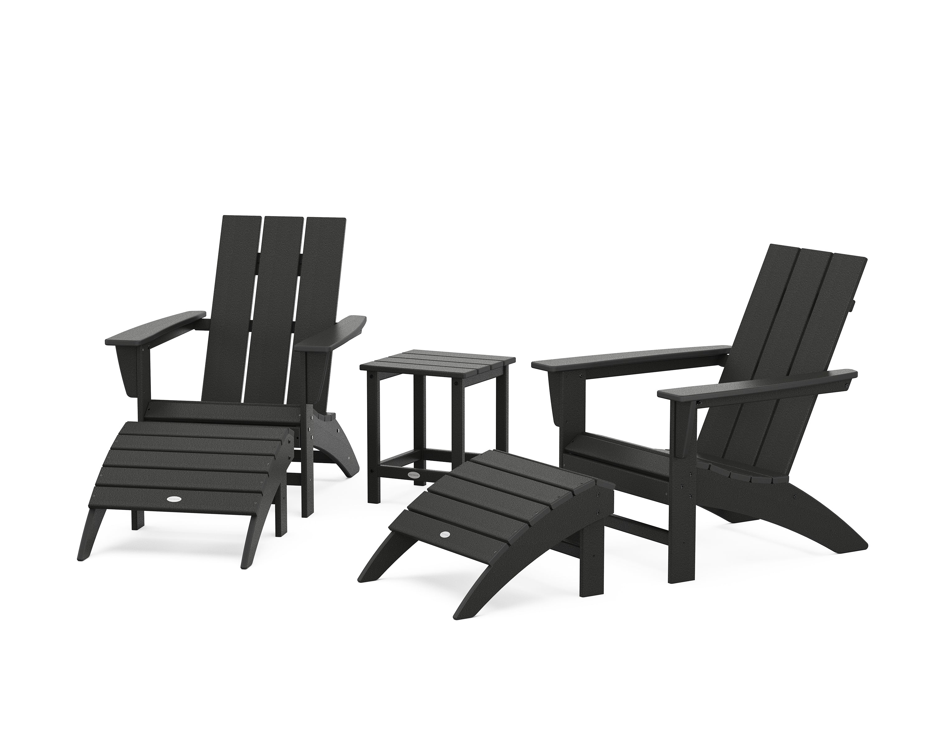 POLYWOOD® Modern Adirondack Chair 5-Piece Set with Ottomans and 18" Side Table in Black
