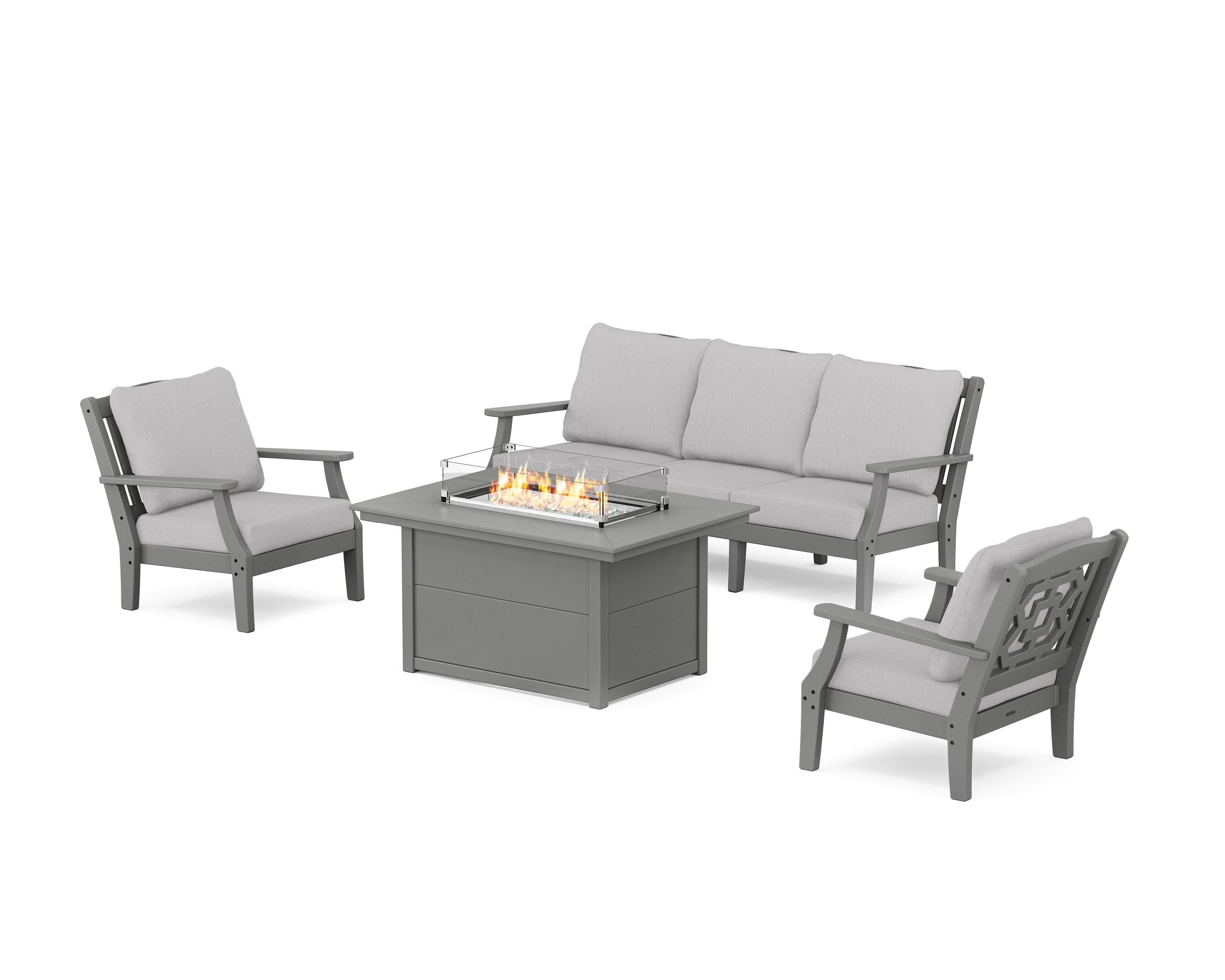 Martha Stewart by POLYWOOD Chinoiserie Deep Seating Fire Pit Table Set in Slate Grey / Granite