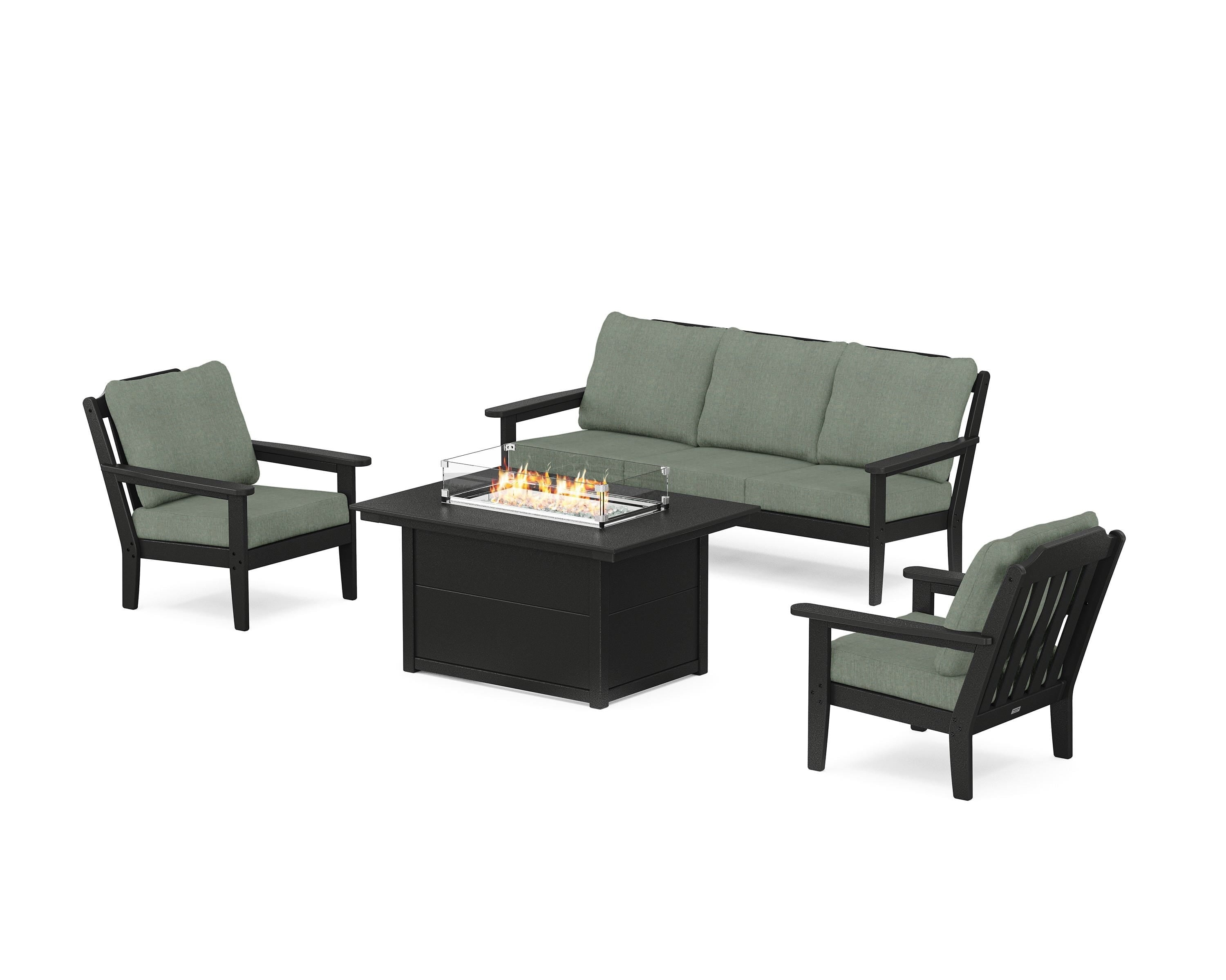 Country Living Cottage Deep Seating Fire Pit Table Set in Black / Cast Sage