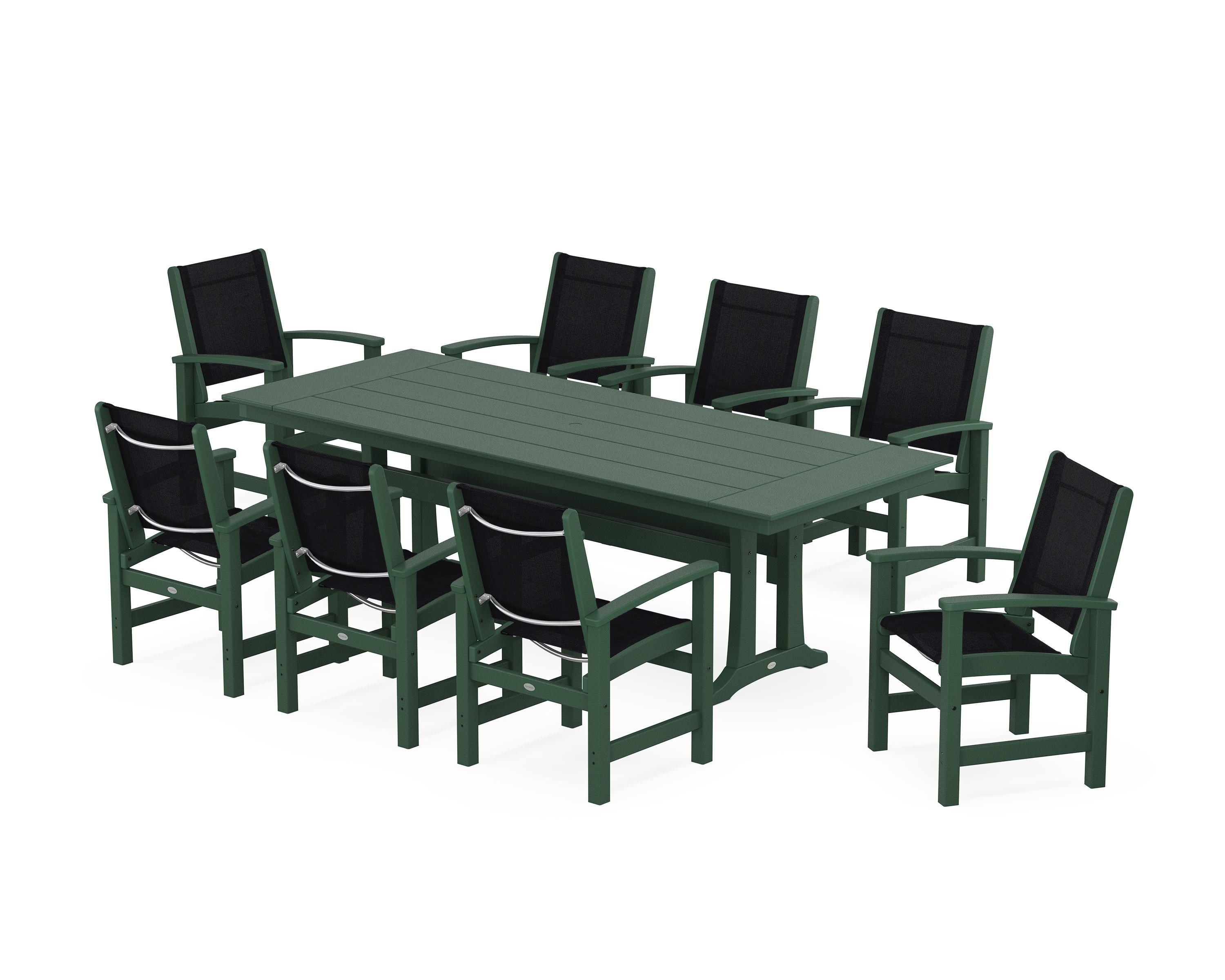POLYWOOD Coastal 9-Piece Farmhouse Dining Set with Trestle Legs in Green / Black Sling