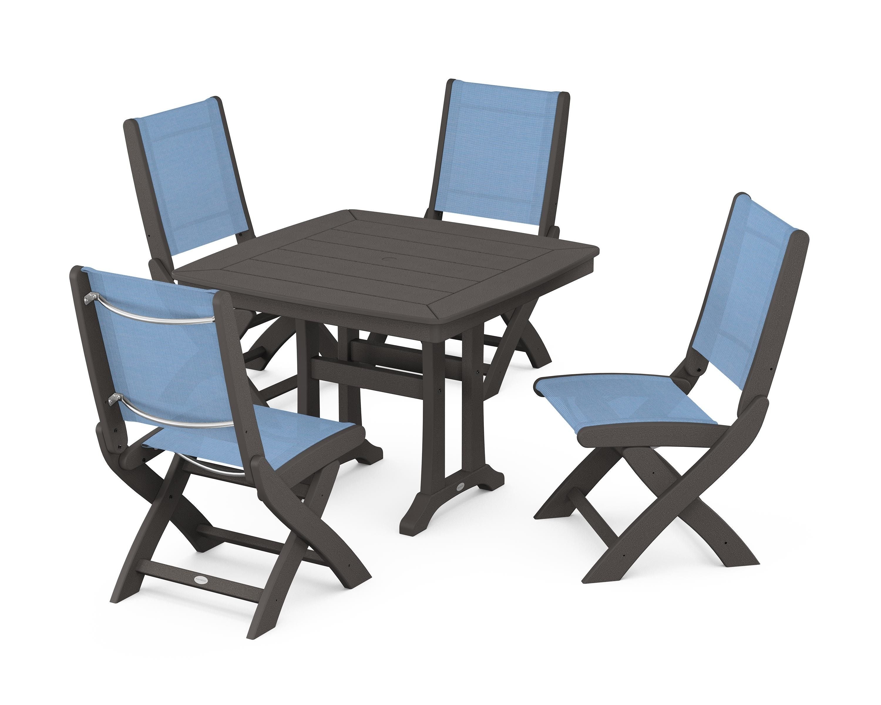 POLYWOOD Coastal Folding Side Chair 5-Piece Dining Set with Trestle Legs in Vintage Coffee / Poolside Sling