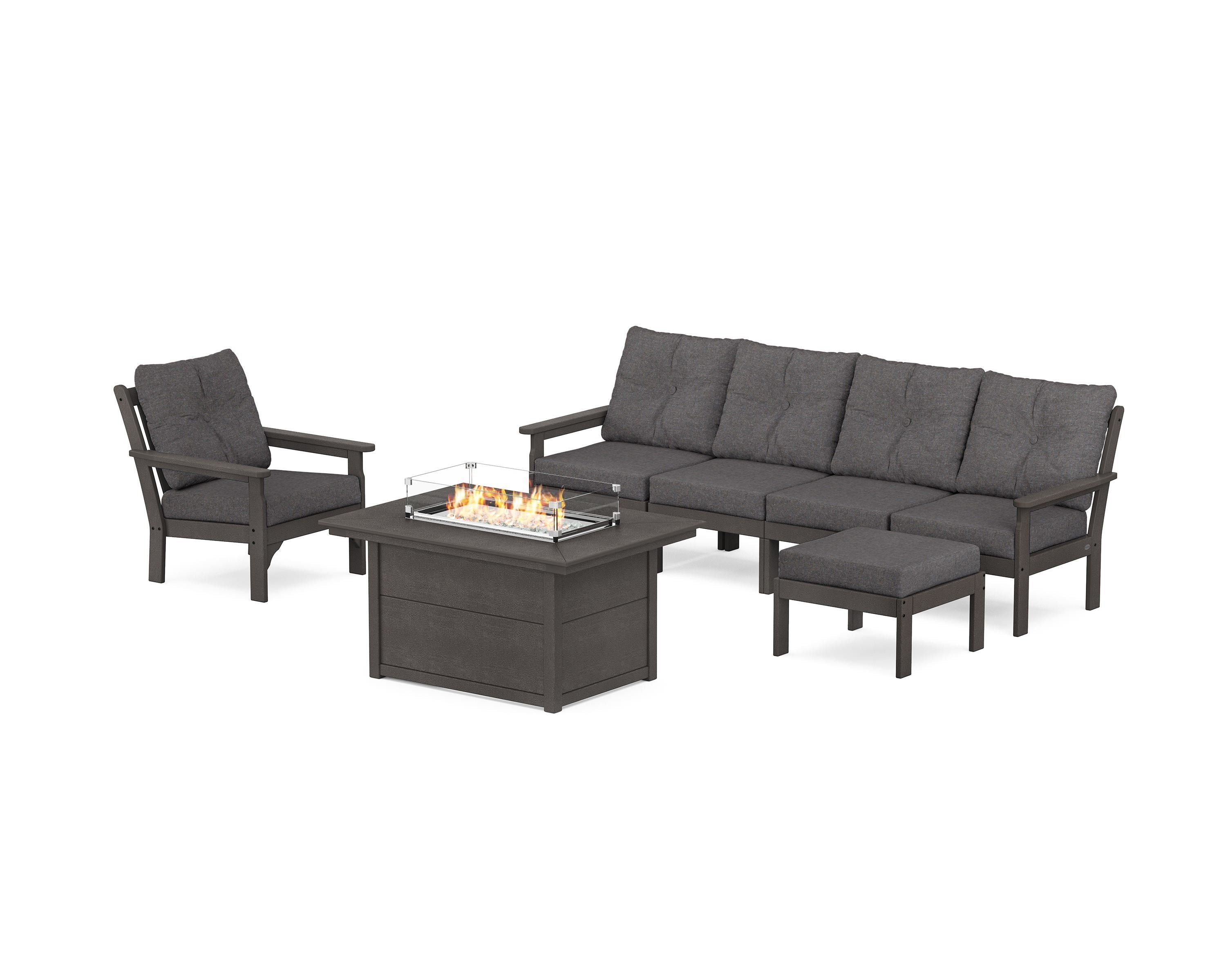 POLYWOOD Vineyard Sectional Lounge and Fire Pit Set in Vintage Coffee / Ash Charcoal