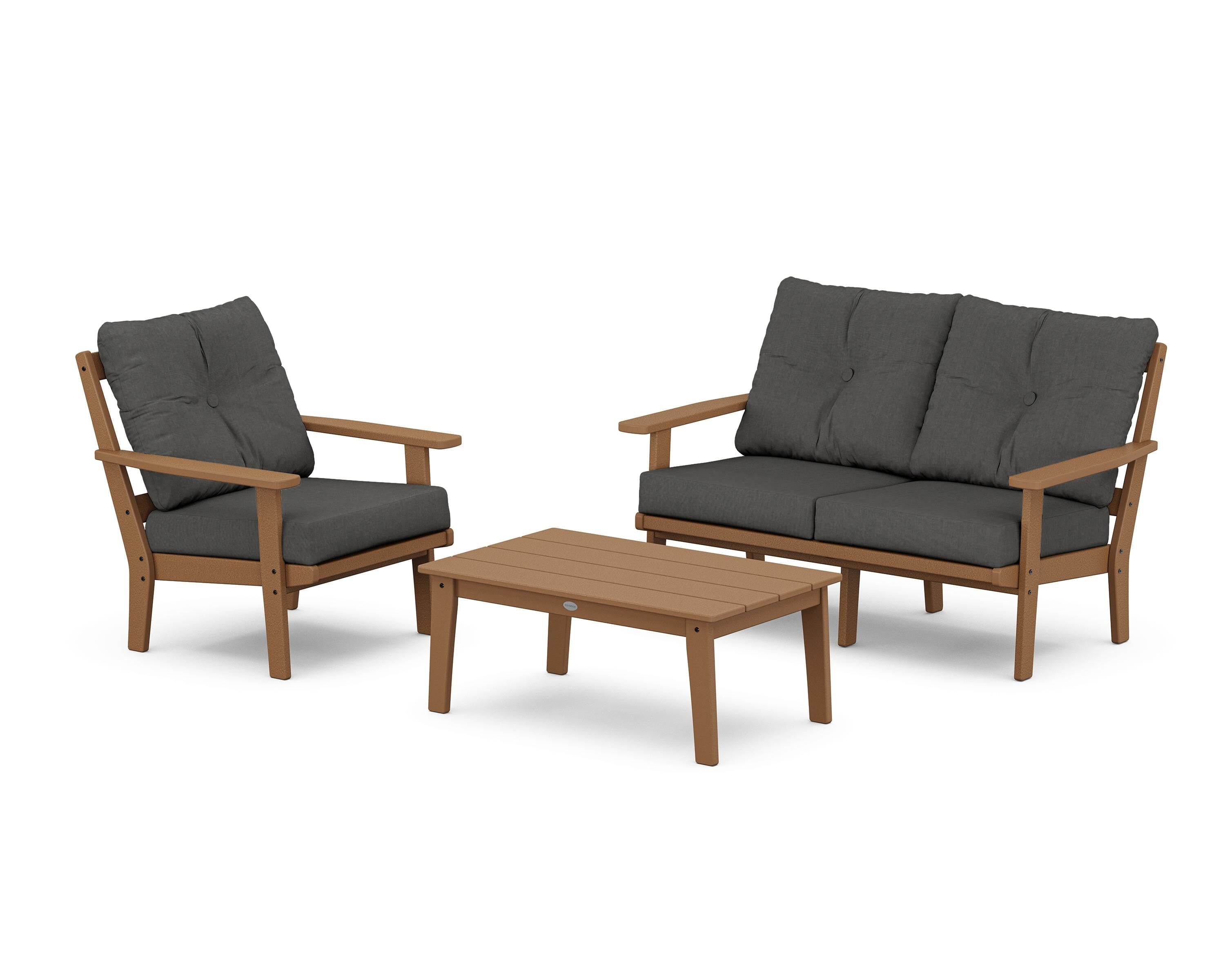 POLYWOOD Oxford 3-Piece Deep Seating Set with Loveseat in Teak / Spectrum Carbon