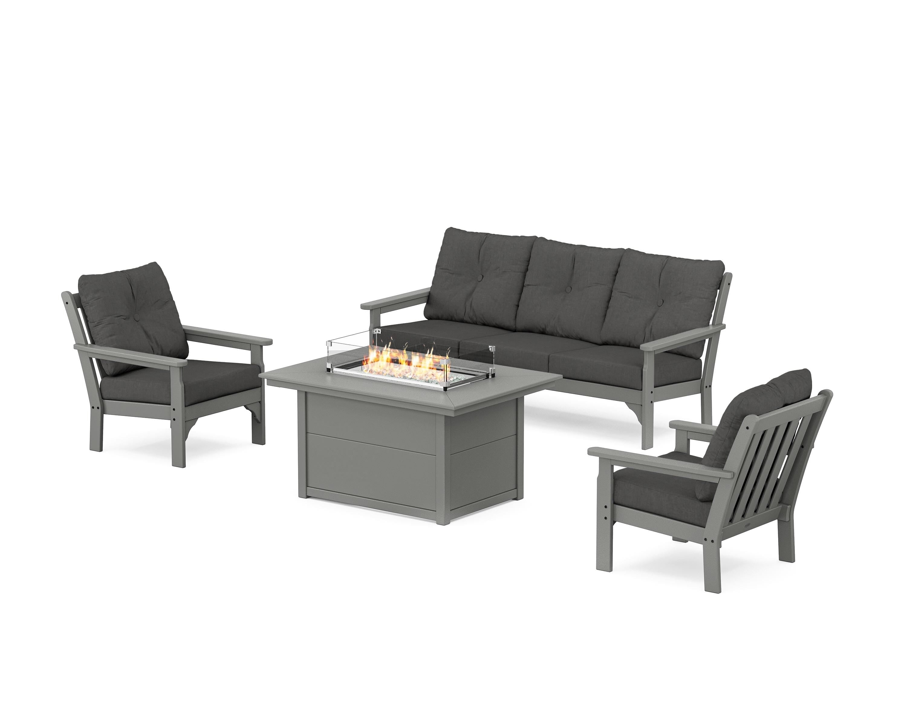 POLYWOOD Vineyard Deep Seating Fire Pit Table Set in Slate Grey / Spectrum Carbon