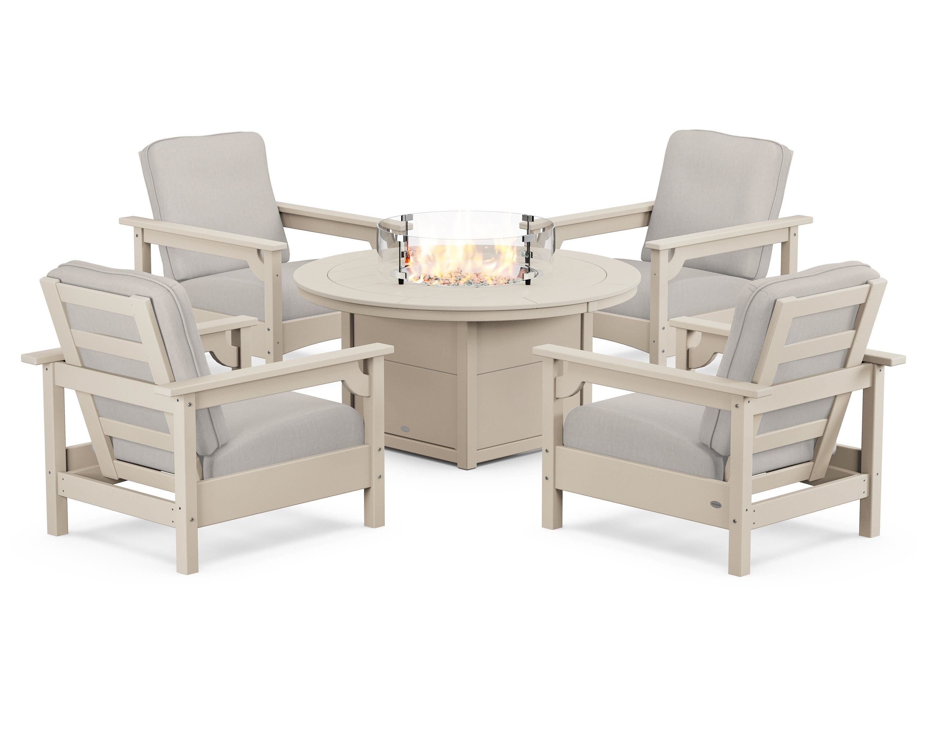 POLYWOOD Club 5-Piece Conversation Set with Fire Pit Table in Sand / Cast Ash