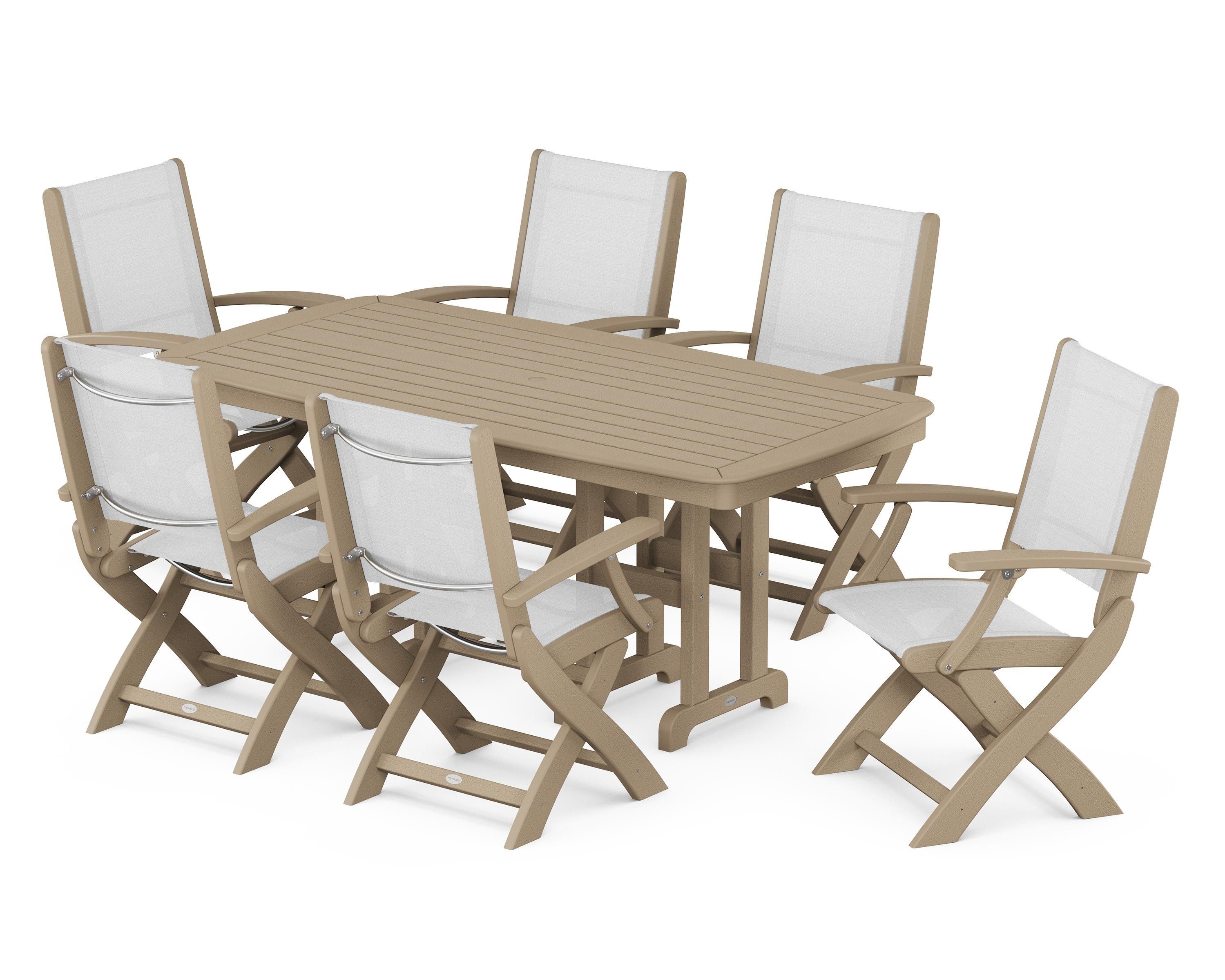 POLYWOOD Coastal Folding Arm Chair 7-Piece Dining Set in Vintage Sahara / White Sling