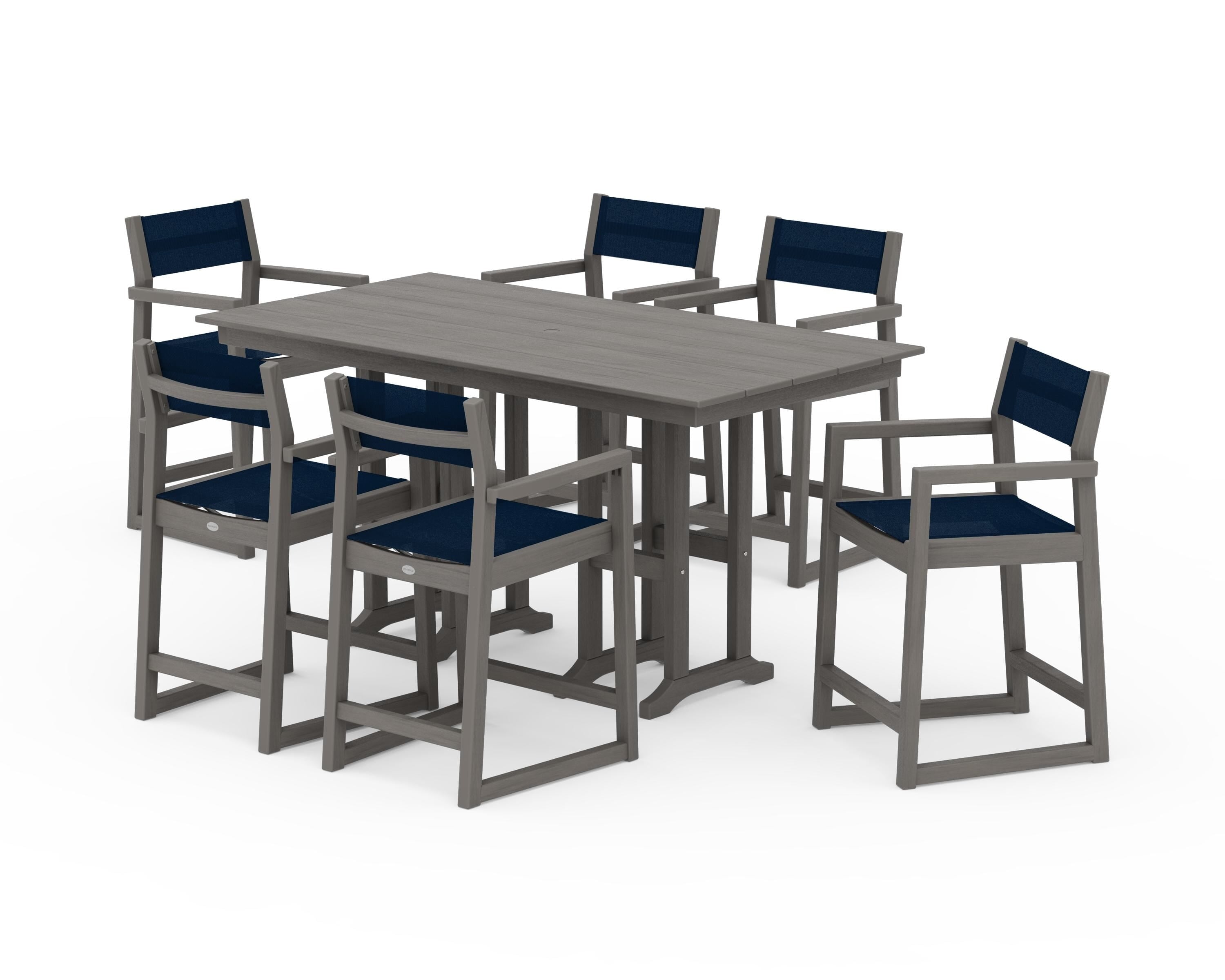 POLYWOOD EDGE Sling Arm Chair 7-Piece Farmhouse Counter Set in Driftwood / Navy Blue Sling