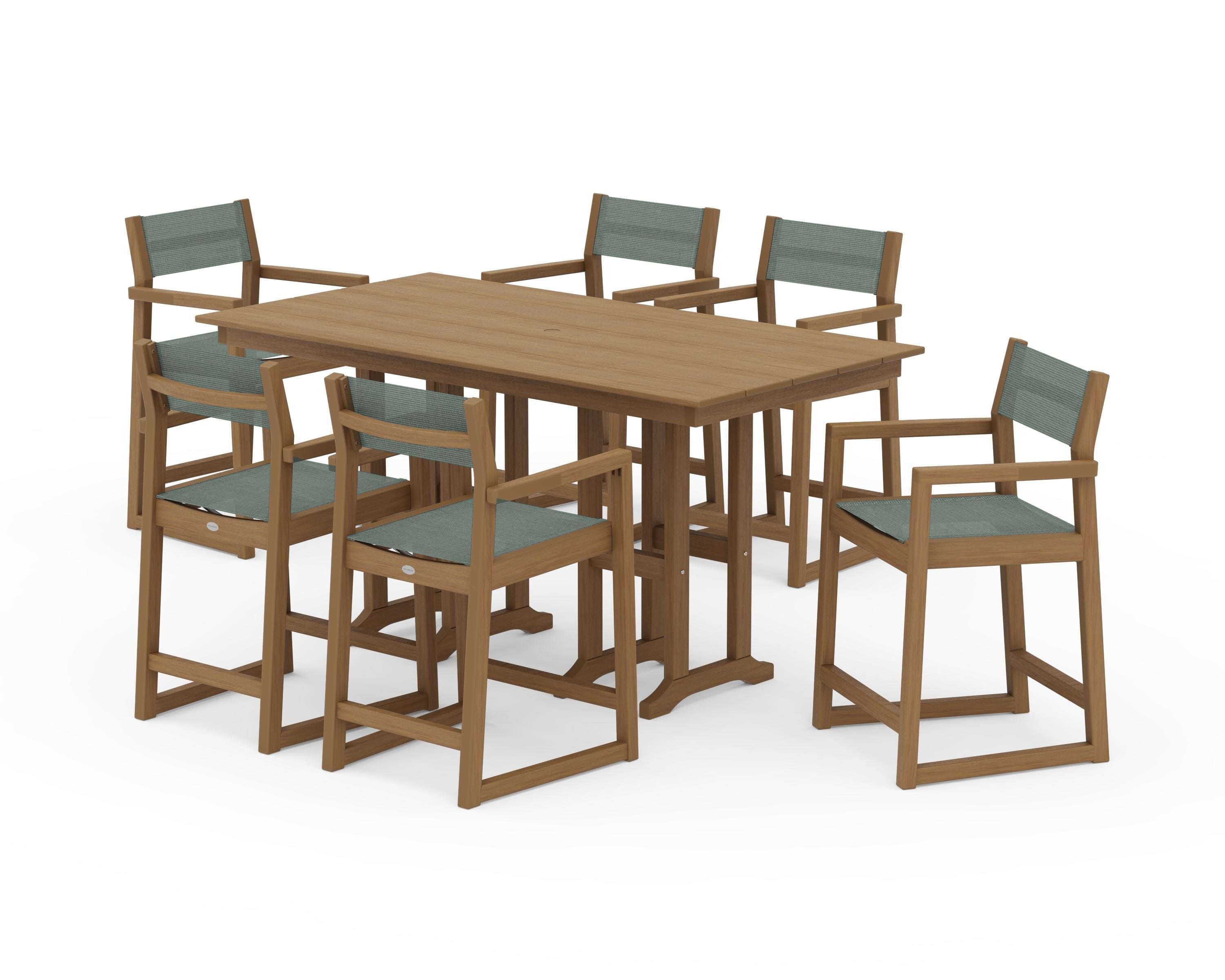 POLYWOOD EDGE Sling Arm Chair 7-Piece Farmhouse Counter Set in Natural / Dupioni Sea Mist Sling