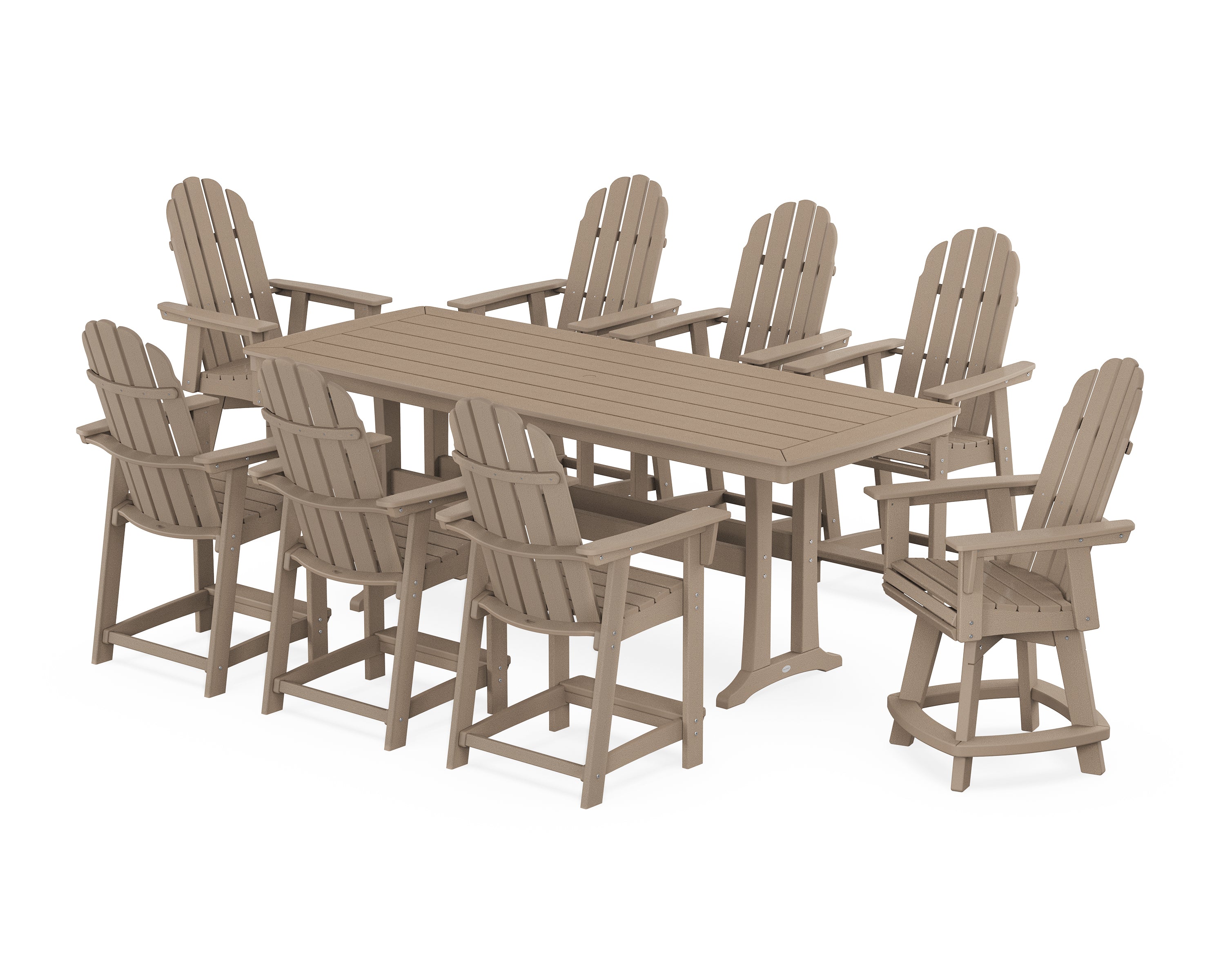 POLYWOOD® Vineyard Curveback Adirondack Swivel 9-Piece Counter Set with Trestle Legs in Vintage Sahara