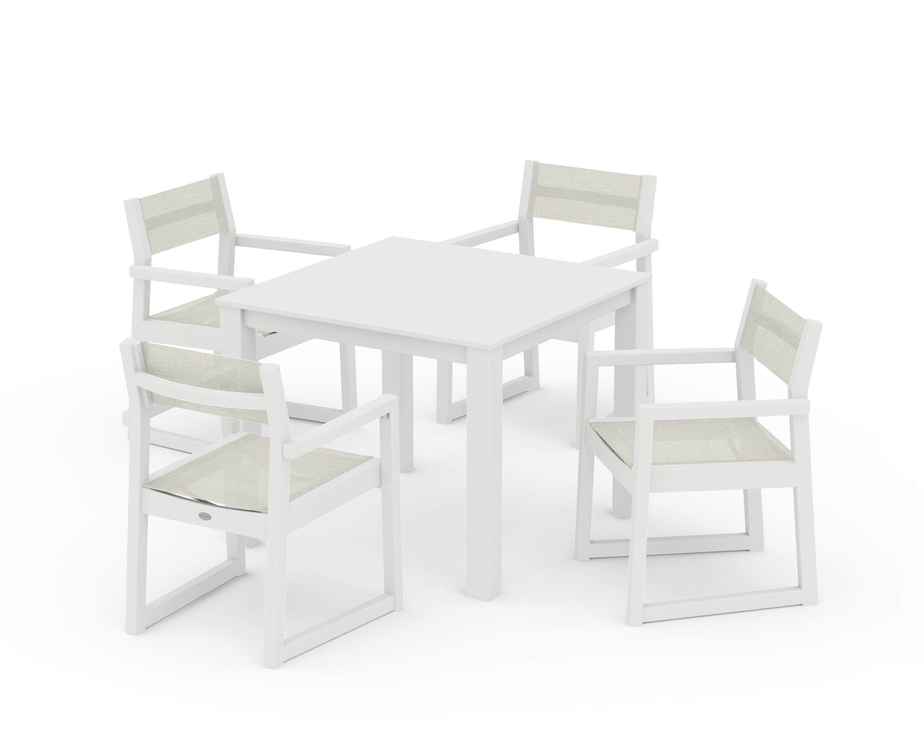 POLYWOOD EDGE Sling Arm Chair 5-Piece Parsons Dining Set in White / Parchment Sling