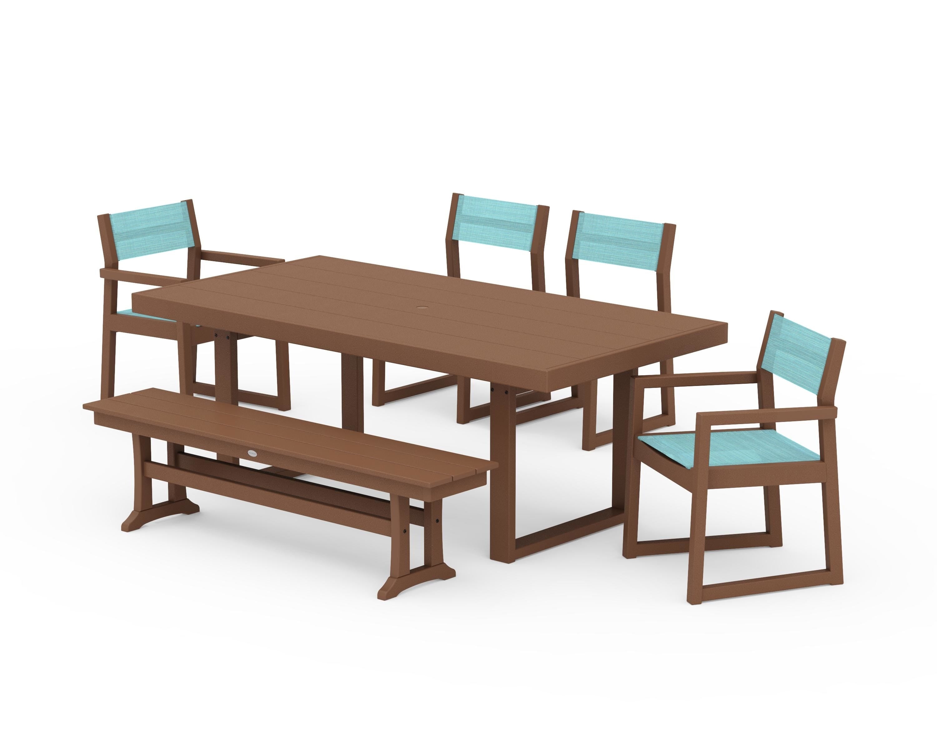 POLYWOOD EDGE Sling 6-Piece Dining Set with Bench in Teak / Dupioni Aquamarine Sling