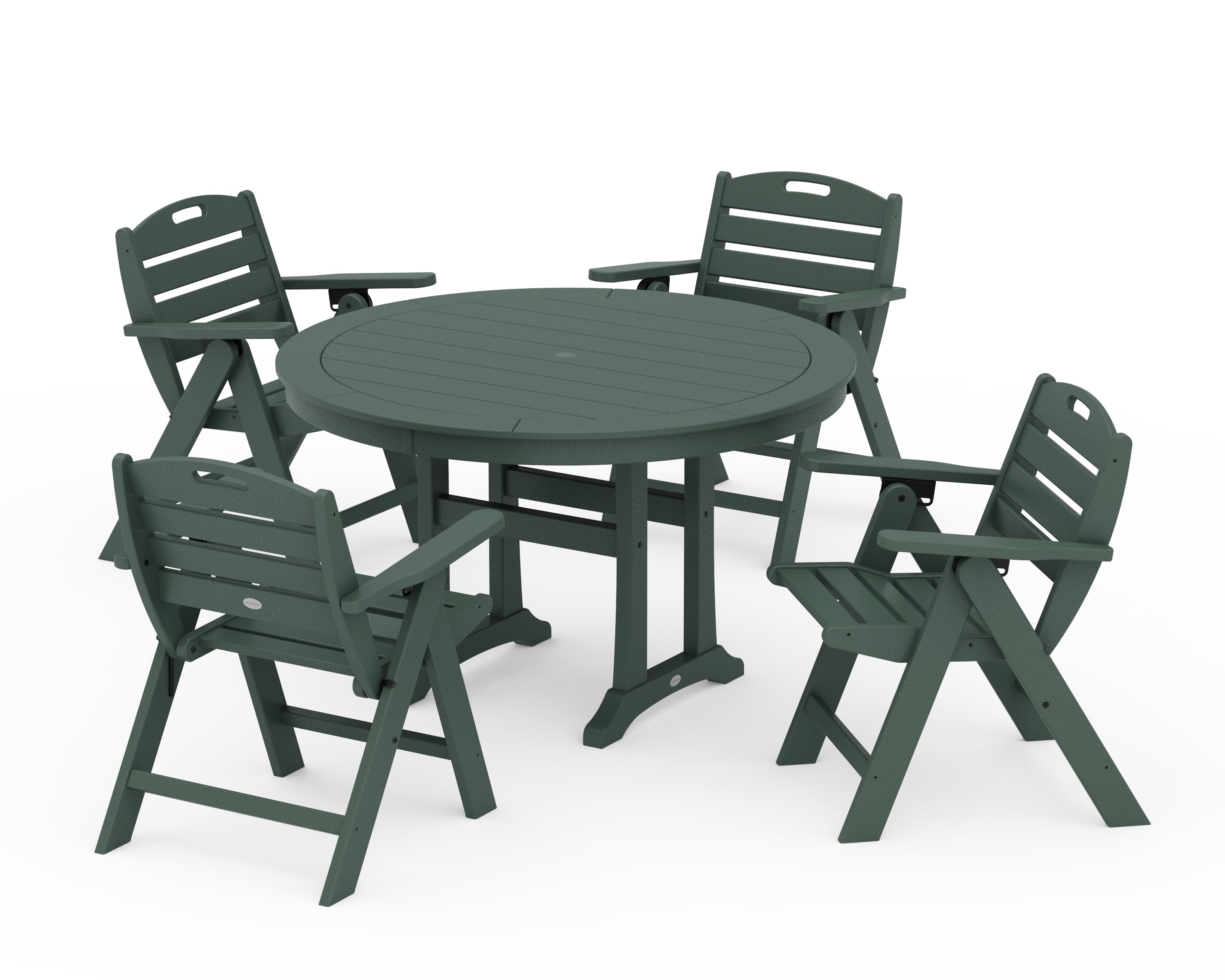 POLYWOOD Nautical Folding Lowback Chair 5-Piece Round Dining Set With Trestle Legs in Green