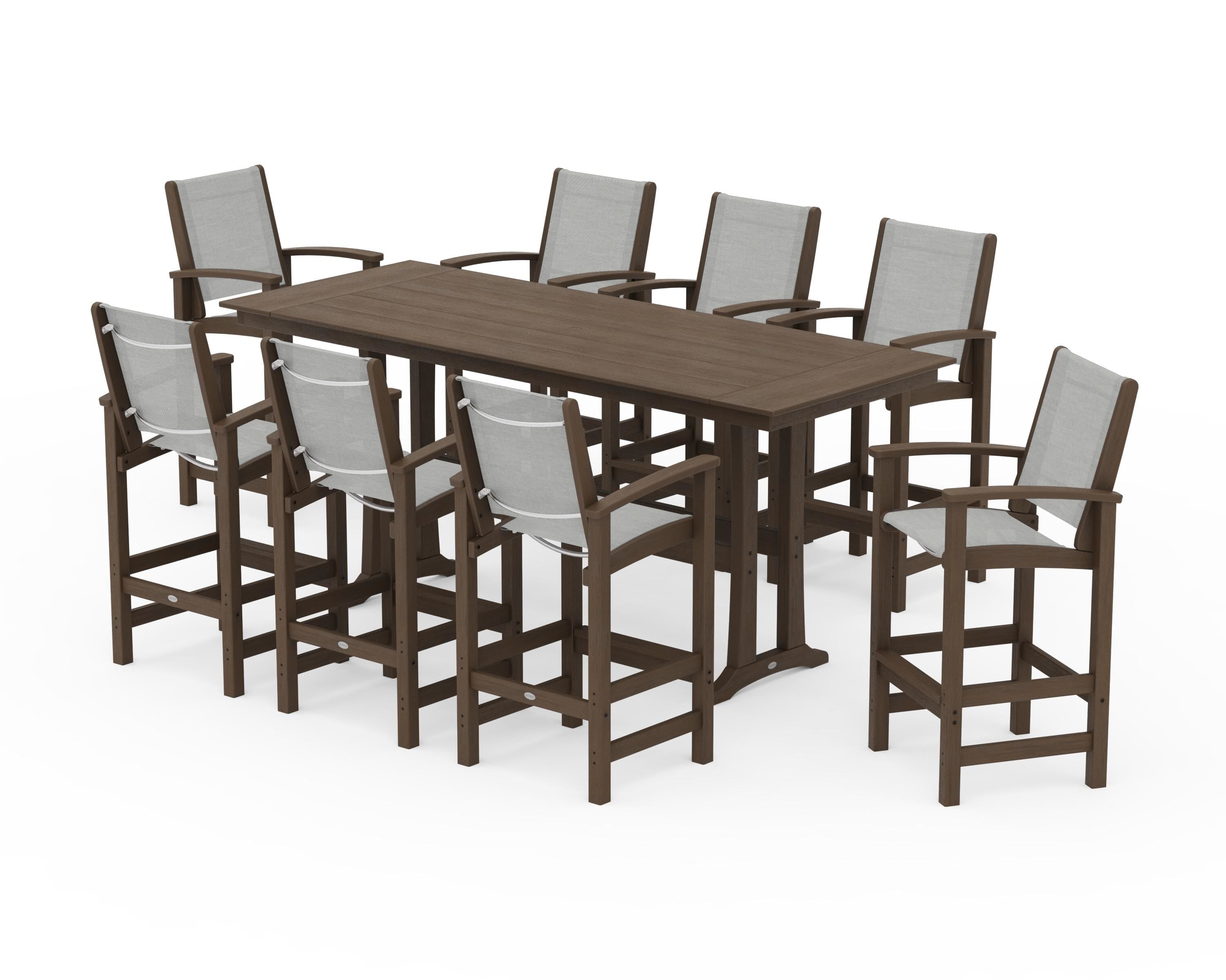 POLYWOOD Coastal 9-Piece Farmhouse Bar Set with Trestle Legs in Kona / Metallic Sling