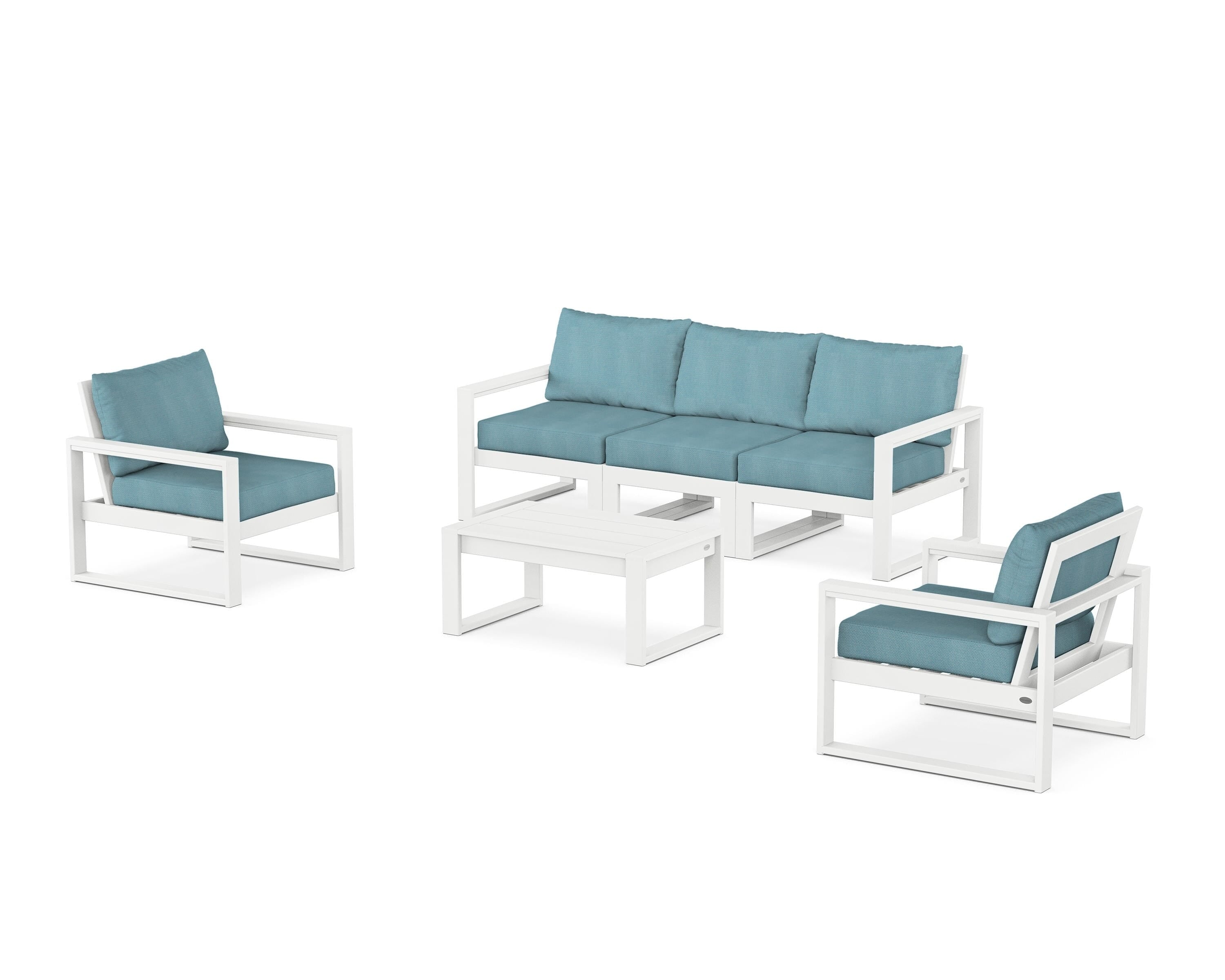 POLYWOOD EDGE Sectional 4-Piece Deep Seating Set with Sofa in White / Lattice Sky Blue