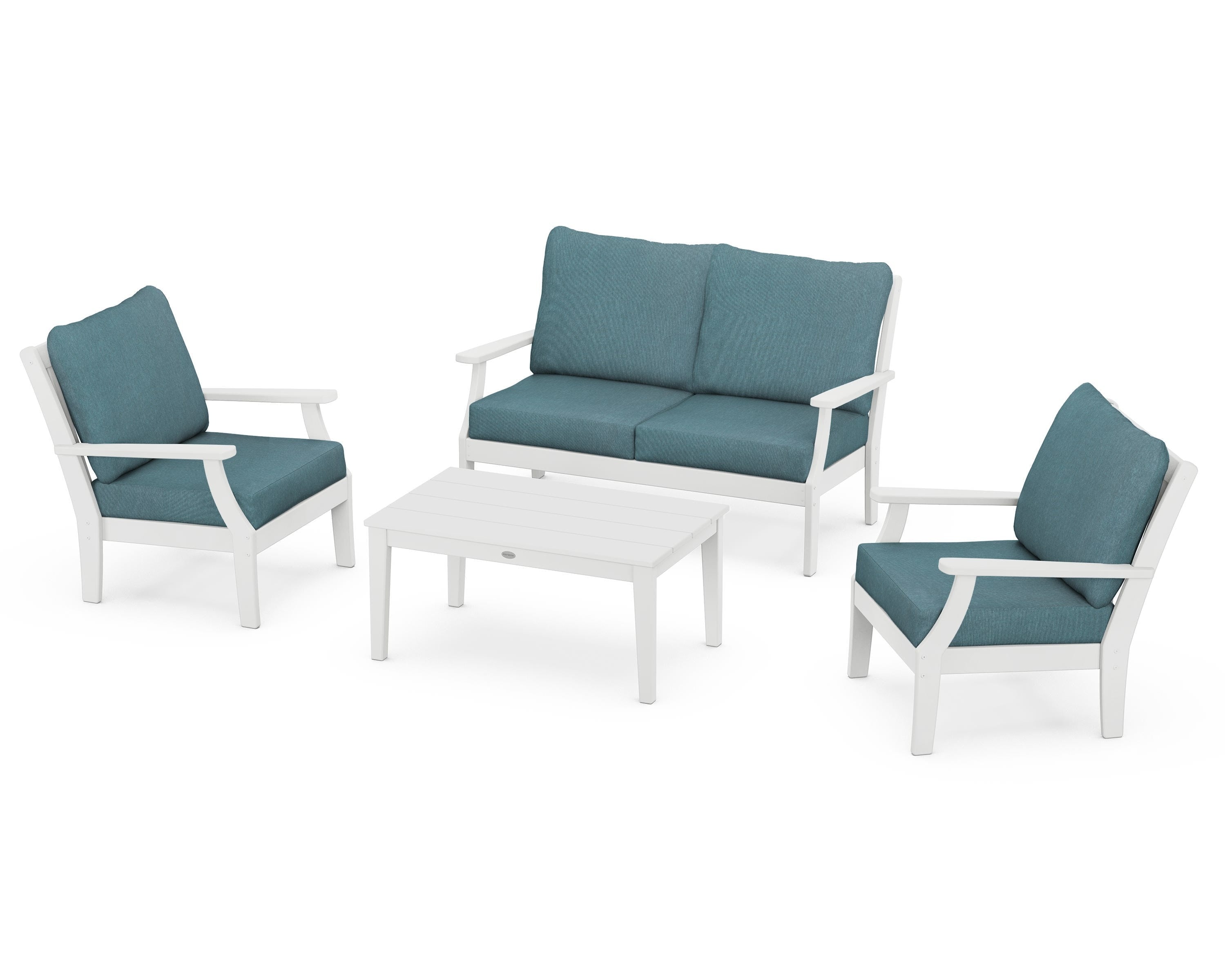 POLYWOOD Braxton 4-Piece Deep Seating Chair Set in White / Ocean Teal