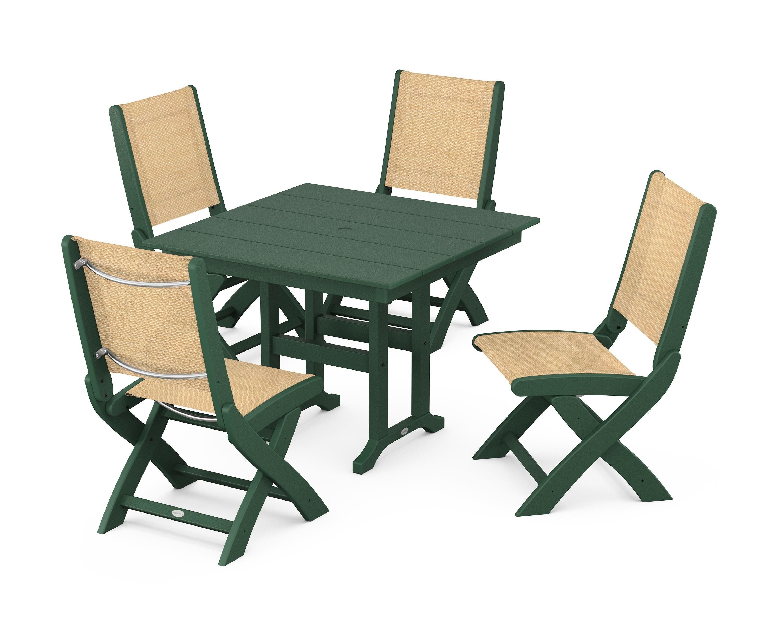 POLYWOOD Coastal Folding Side Chair 5-Piece Farmhouse Dining Set in Green / Dupioni Apricot Sling