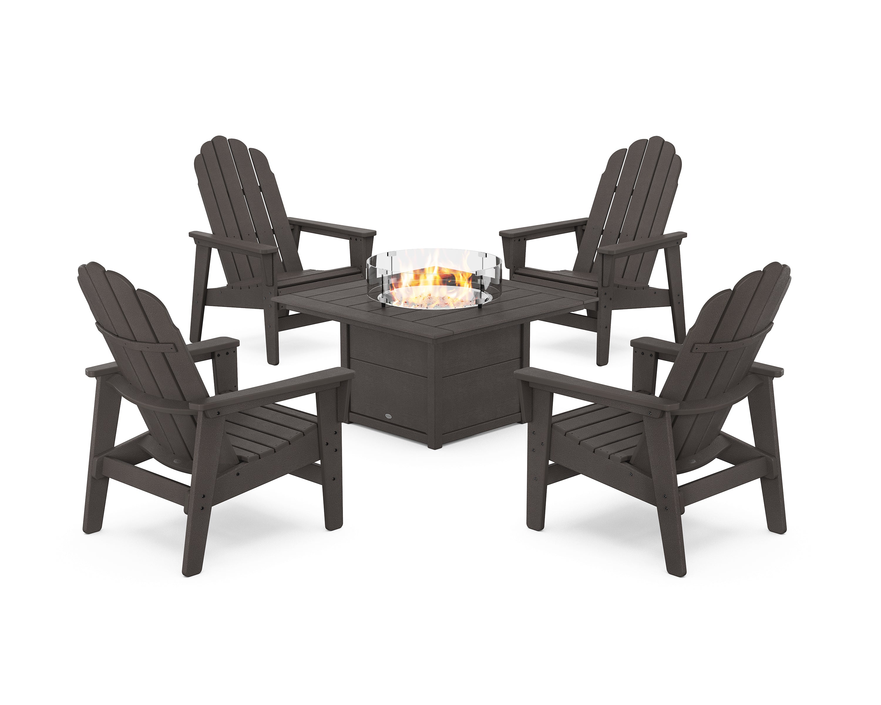 POLYWOOD 5-Piece Vineyard Grand Upright Adirondack Conversation Set with Fire Pit Table in Vintage Coffee