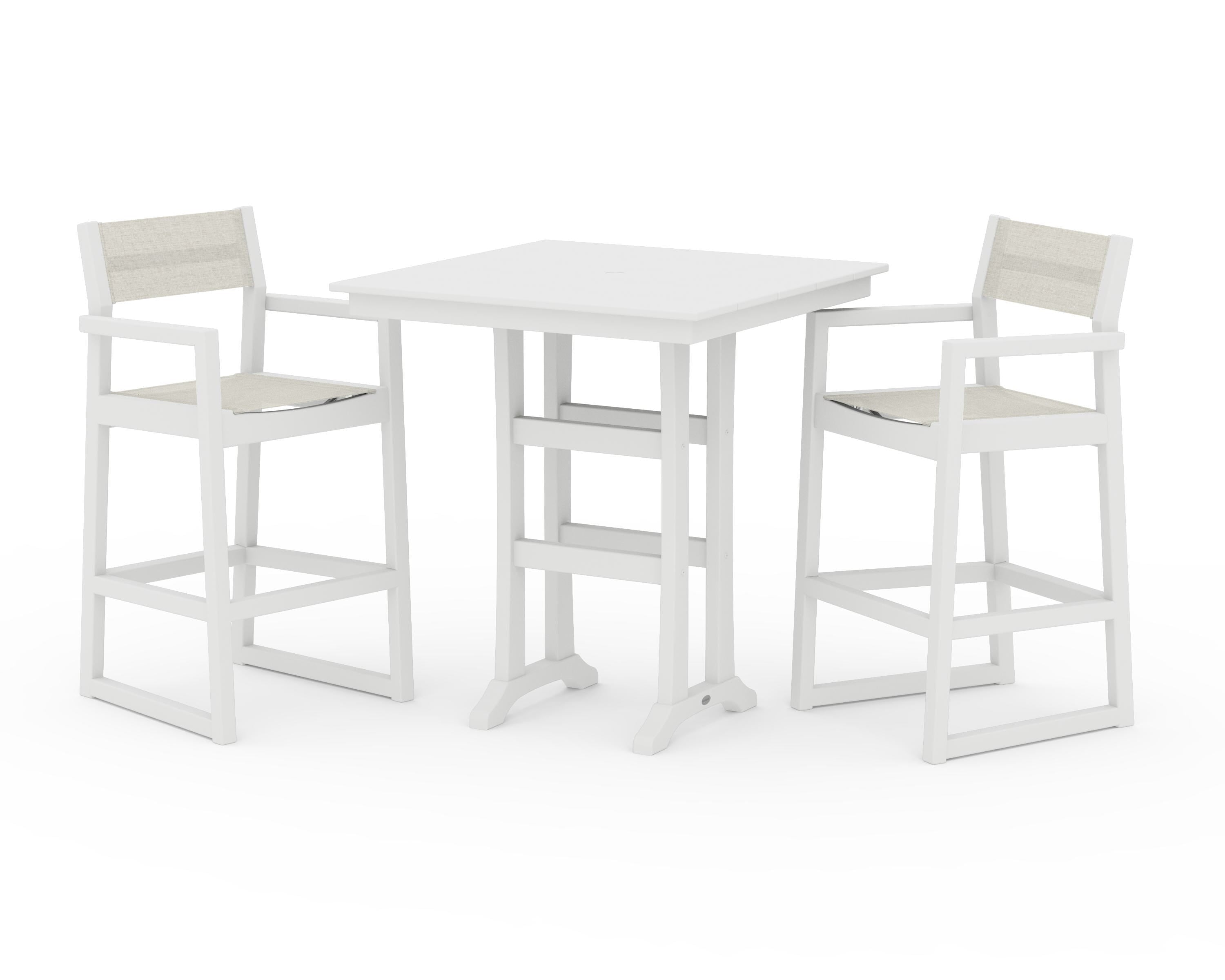 POLYWOOD EDGE Sling Arm Chair 3-Piece Farmhouse Bar Set with Trestle Legs in White / Parchment Sling