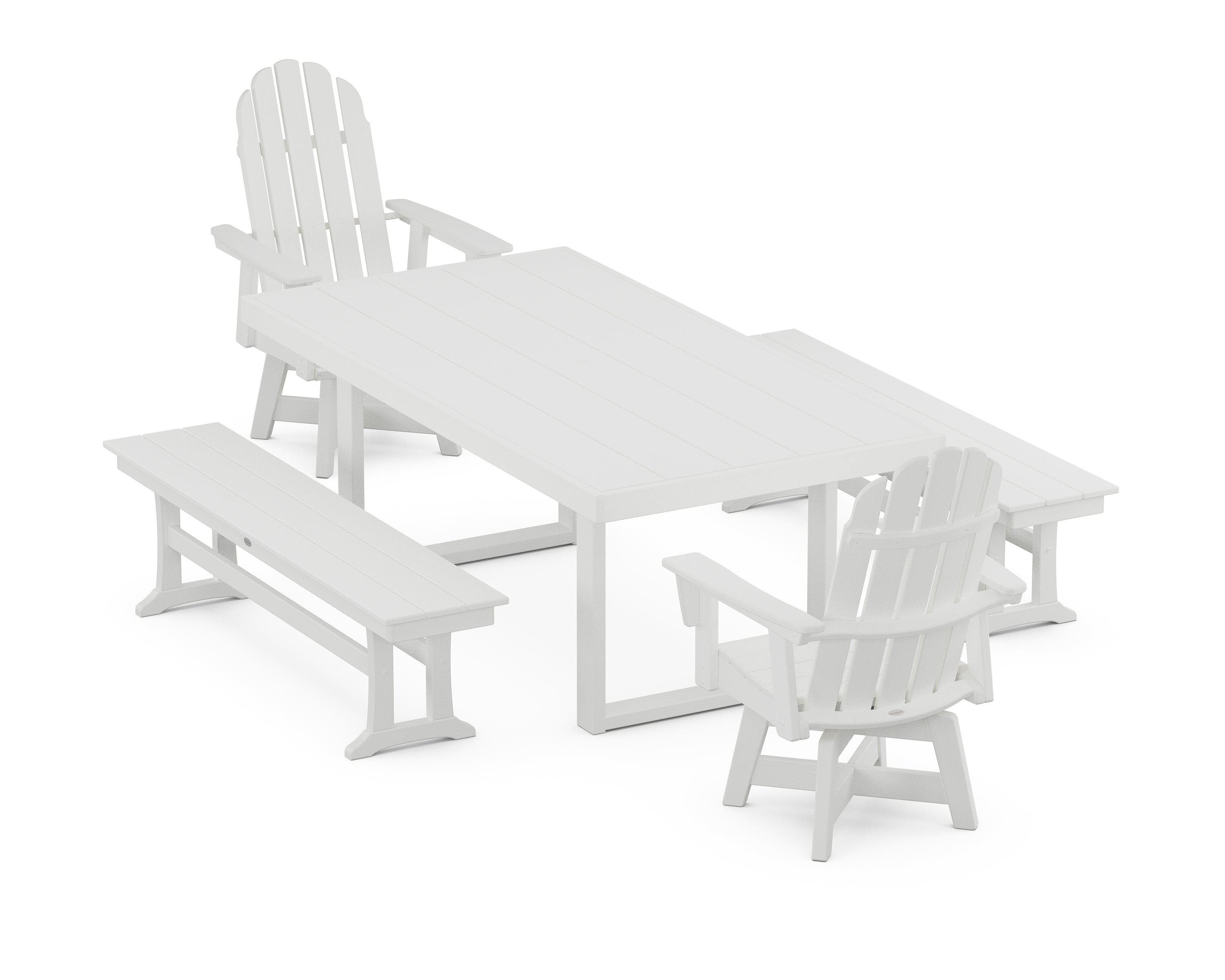 POLYWOOD Vineyard Curveback Adirondack Swivel Chair 5-Piece Dining Set with Benches in White