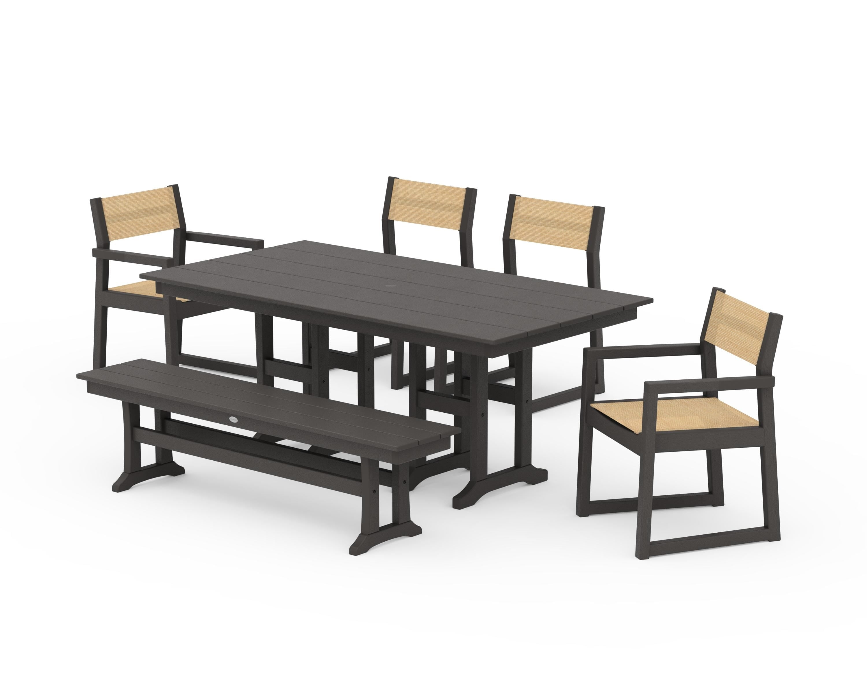 POLYWOOD EDGE Sling 6-Piece Farmhouse Dining Set in Vintage Coffee / Dupioni Apricot Sling