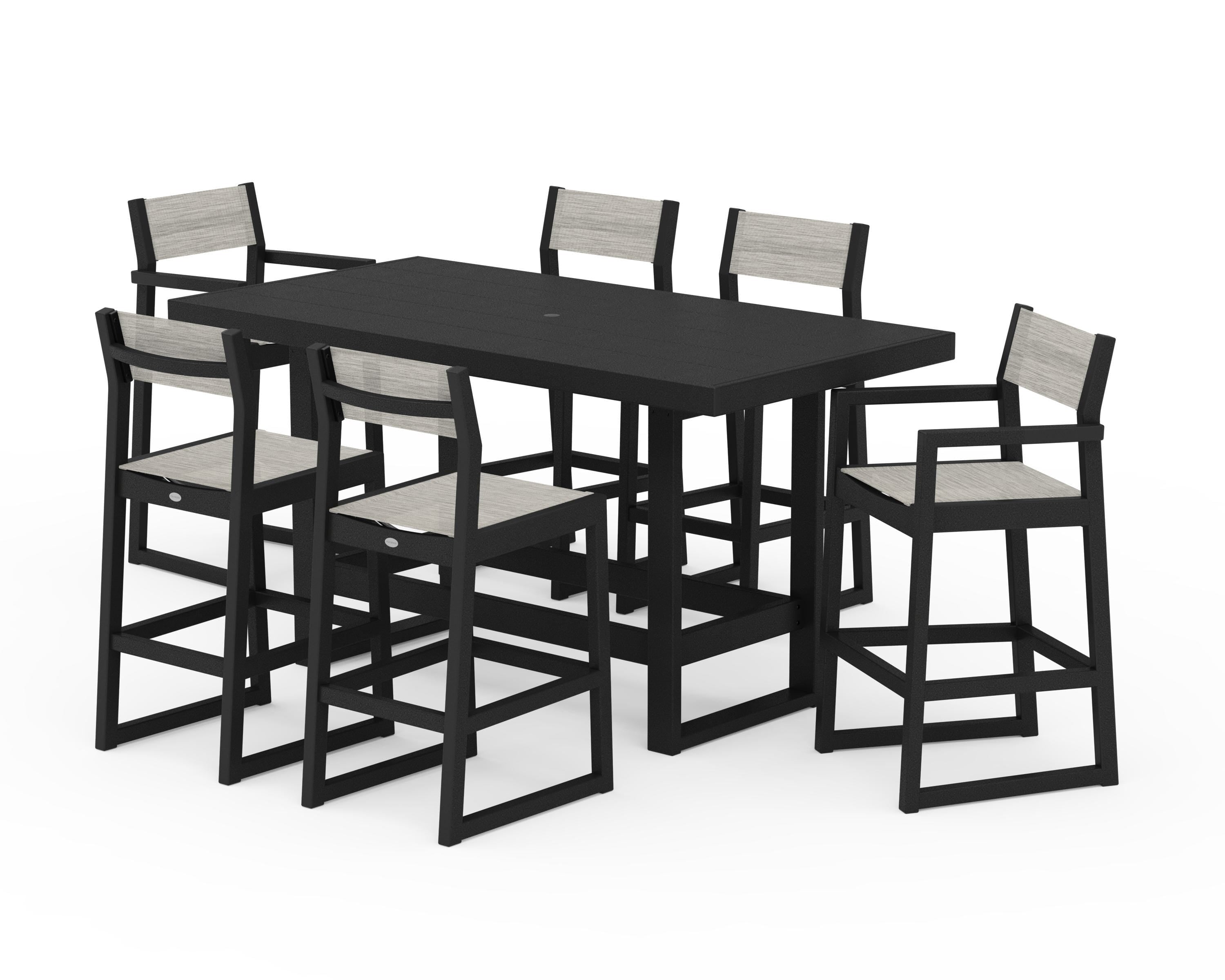 POLYWOOD EDGE Sling 7-Piece Bar Table Set in Black / Birch Sling