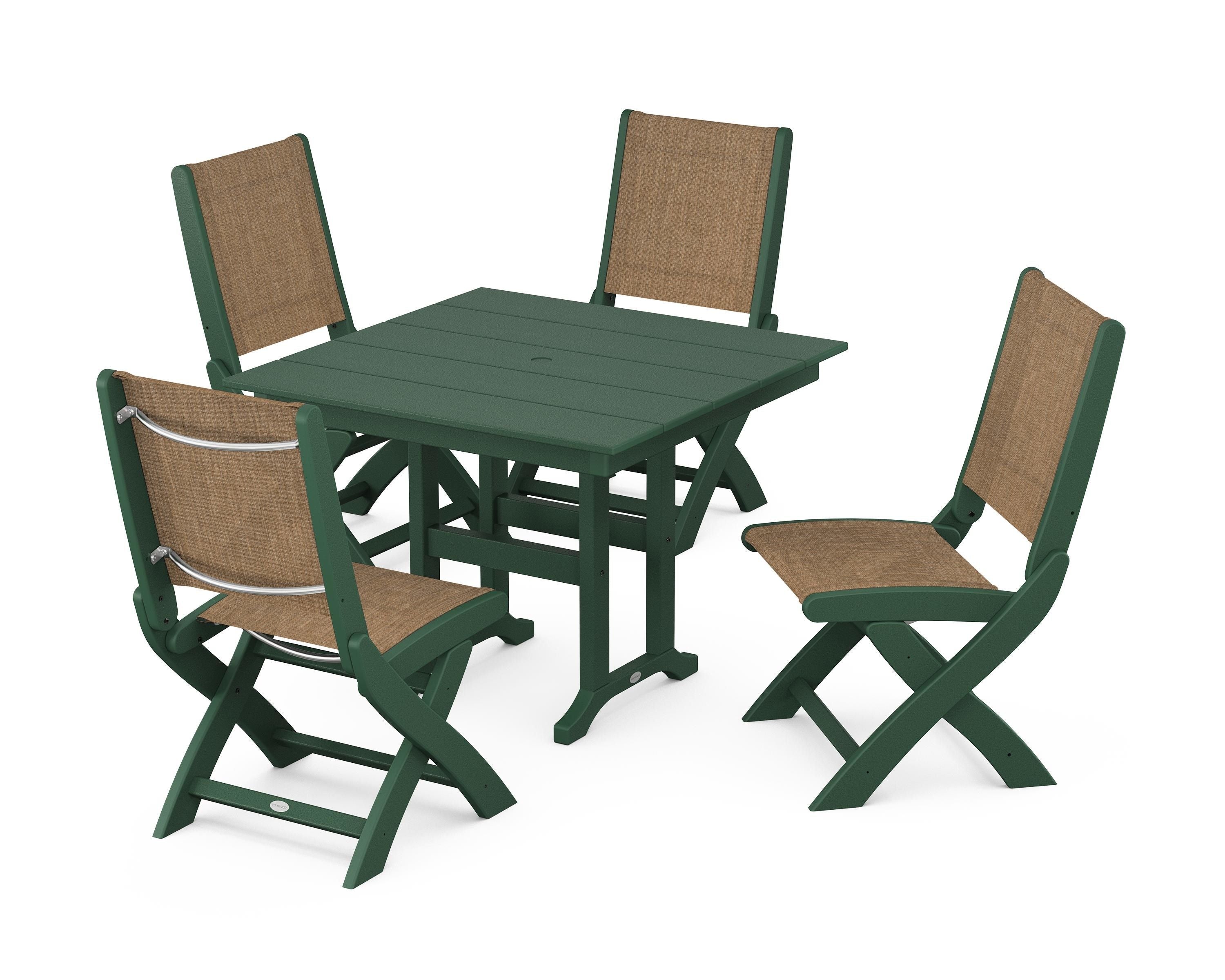 POLYWOOD Coastal Folding Side Chair 5-Piece Farmhouse Dining Set in Green / Burlap Sling
