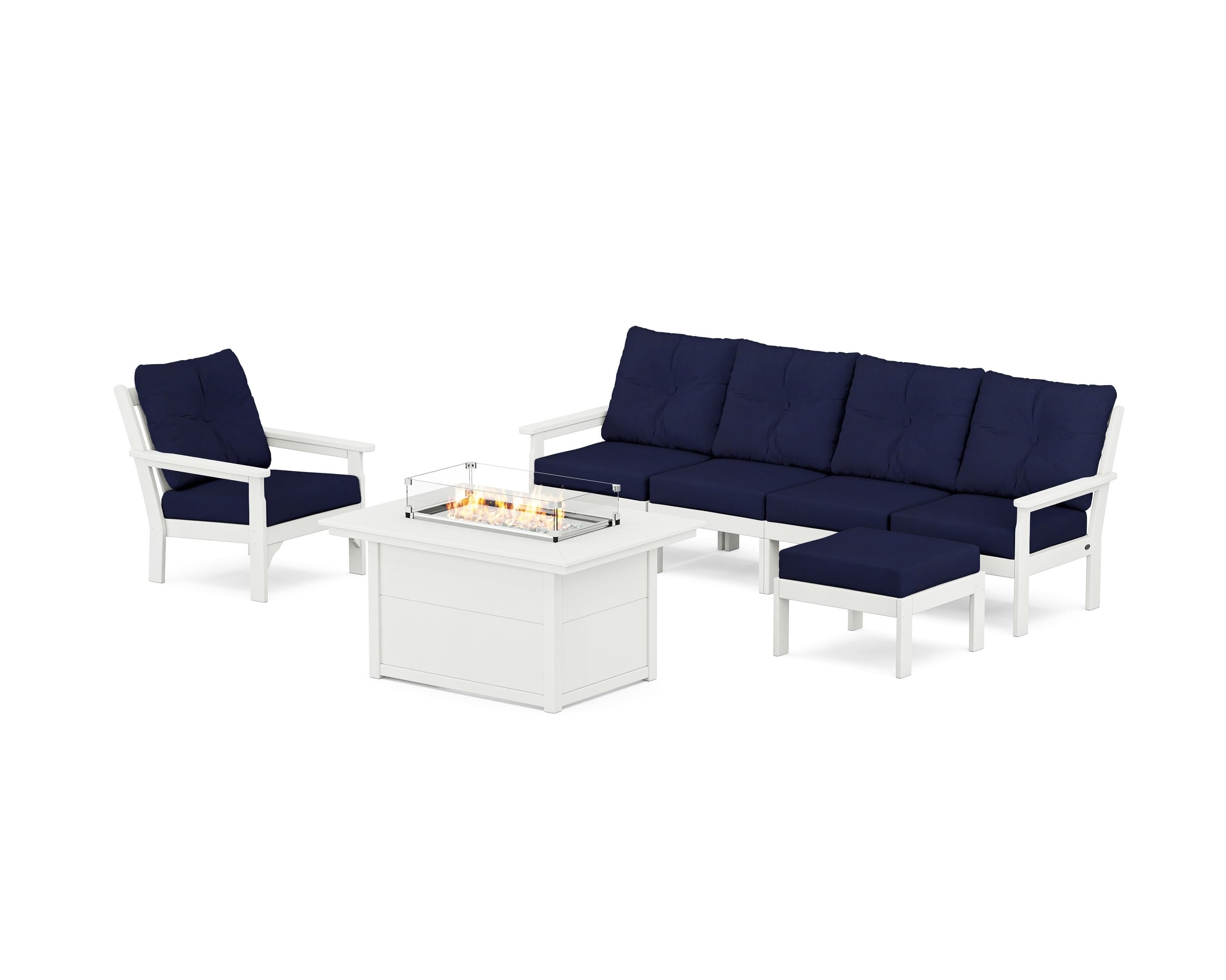 POLYWOOD Vineyard Sectional Lounge and Fire Pit Set in Vintage White / Navy