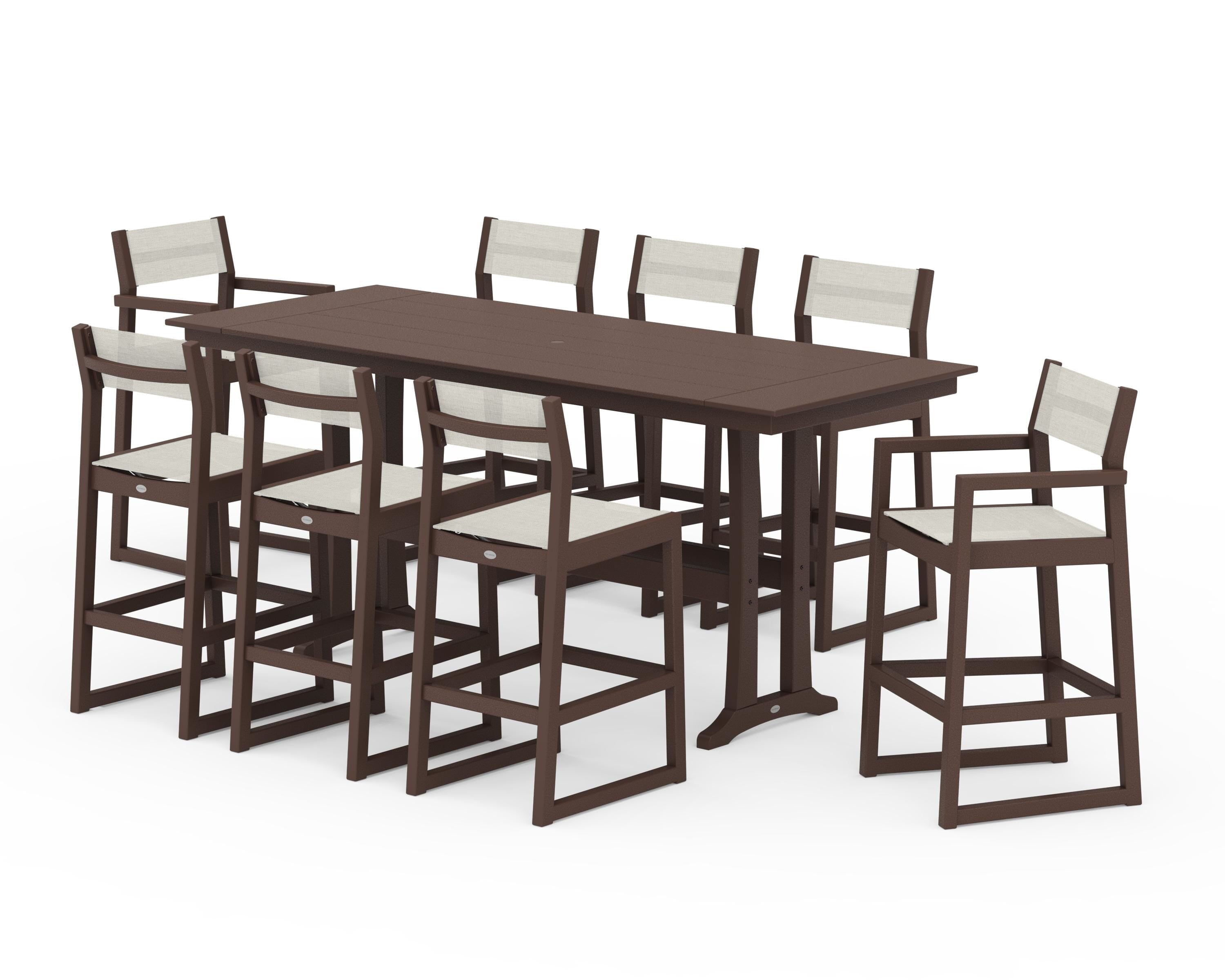 POLYWOOD EDGE Sling 9-Piece Farmhouse Bar Set with Trestle Legs in Mahogany / Parchment Sling