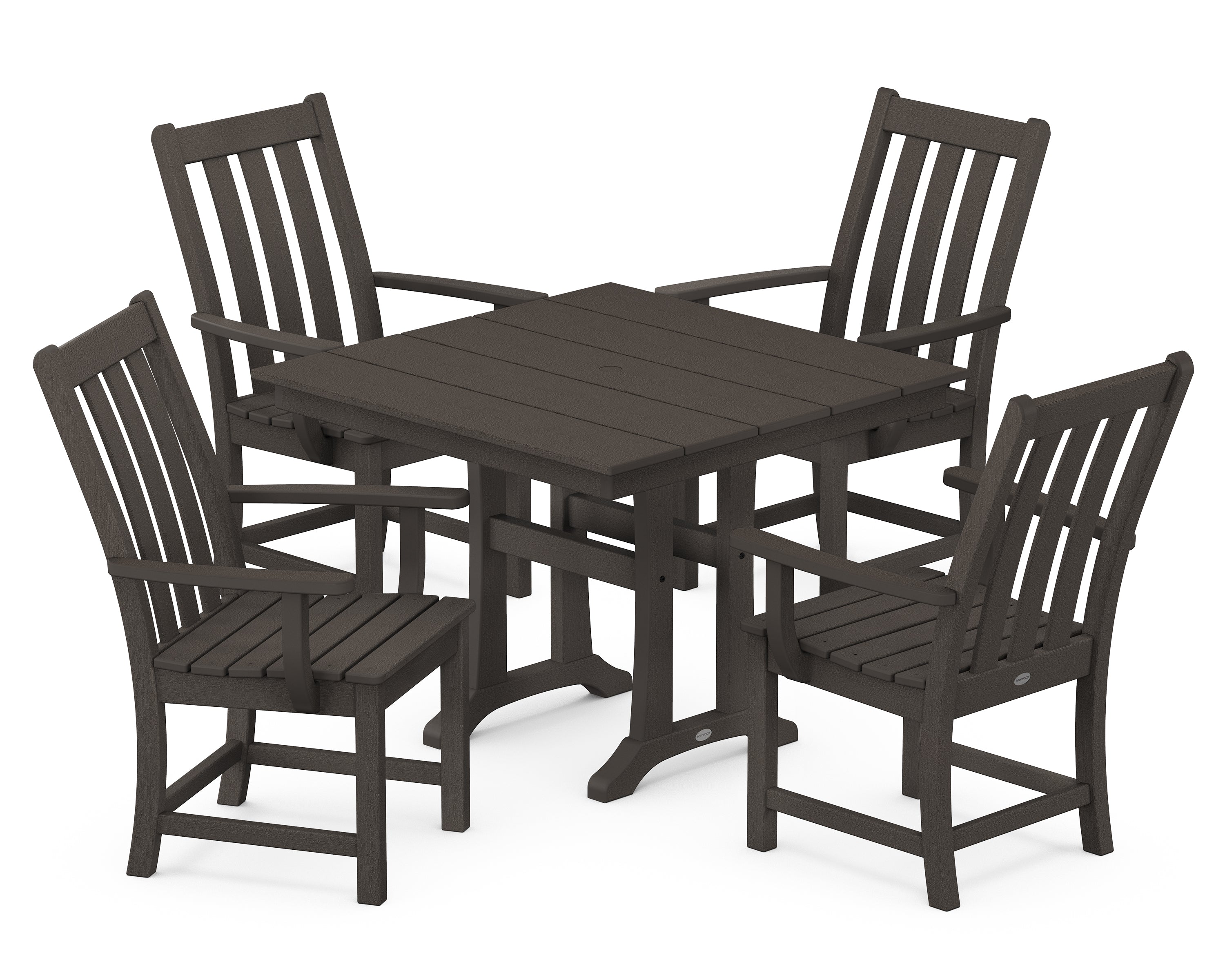 POLYWOOD® Vineyard 5-Piece Farmhouse Trestle Arm Chair Dining Set in Vintage Coffee