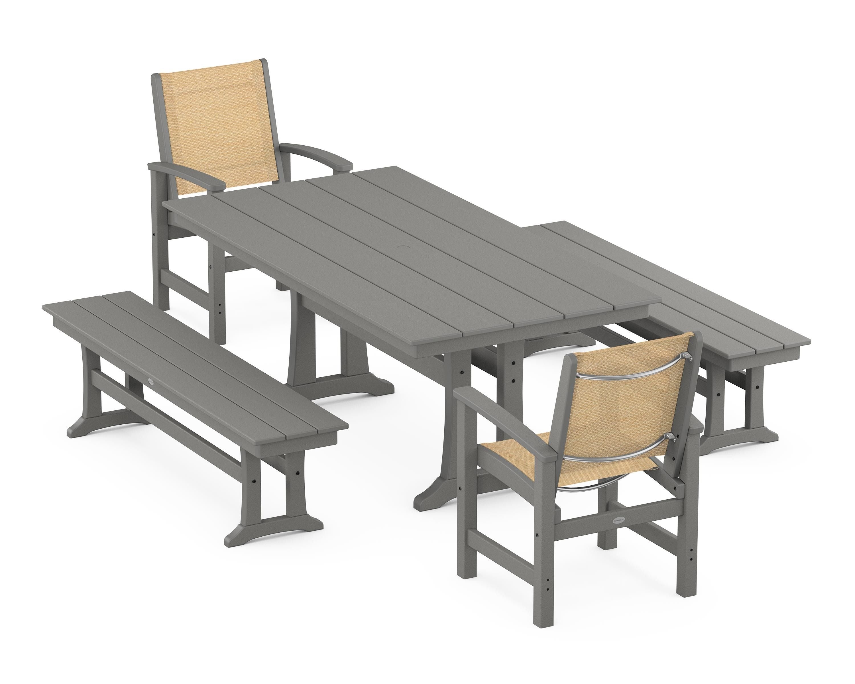 POLYWOOD Coastal 5-Piece Farmhouse Dining Set with Trestle Legs and Benches in Slate Grey / Dupioni Apricot Sling