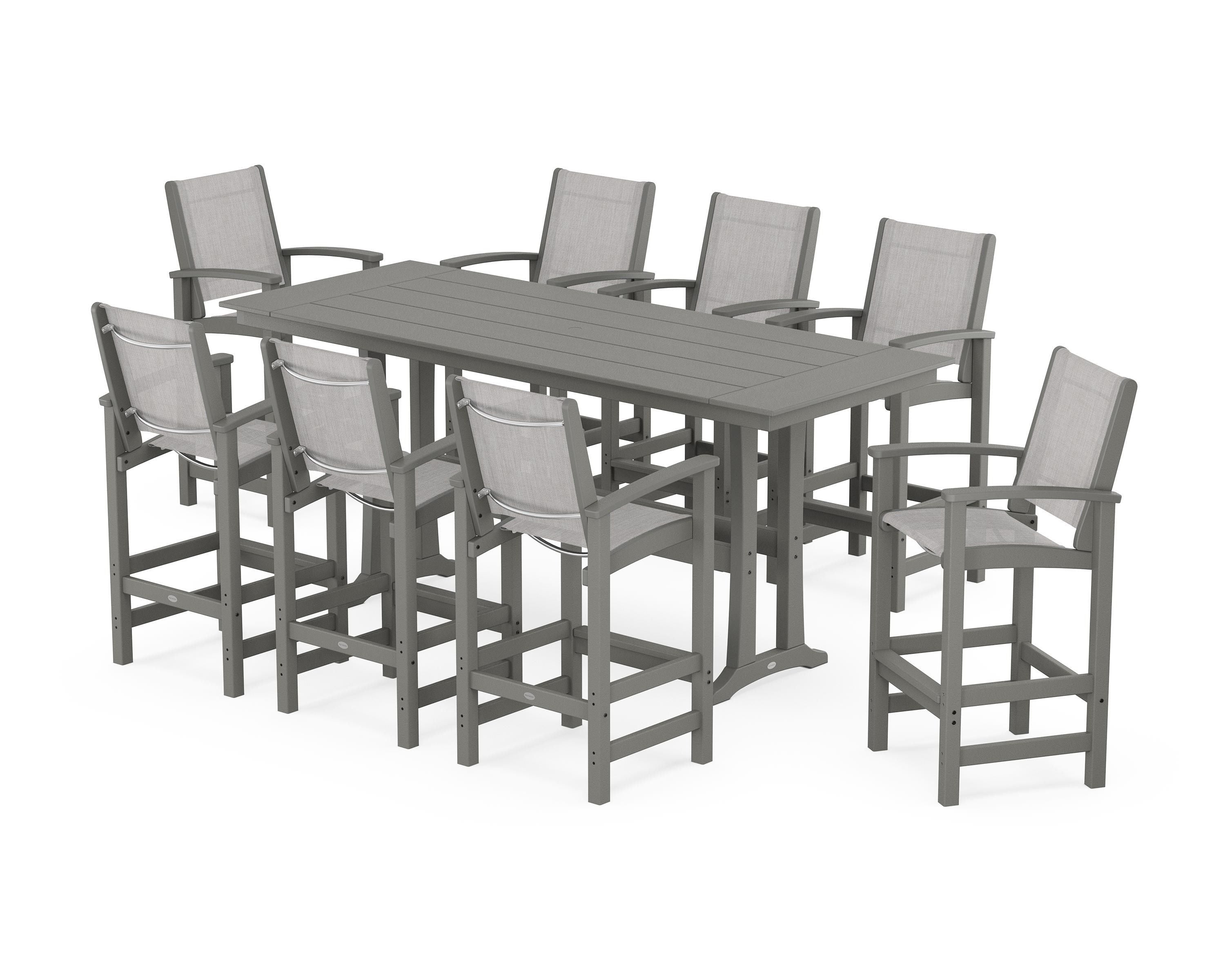 POLYWOOD Coastal 9-Piece Farmhouse Bar Set with Trestle Legs in Slate Grey / Parchment Sling
