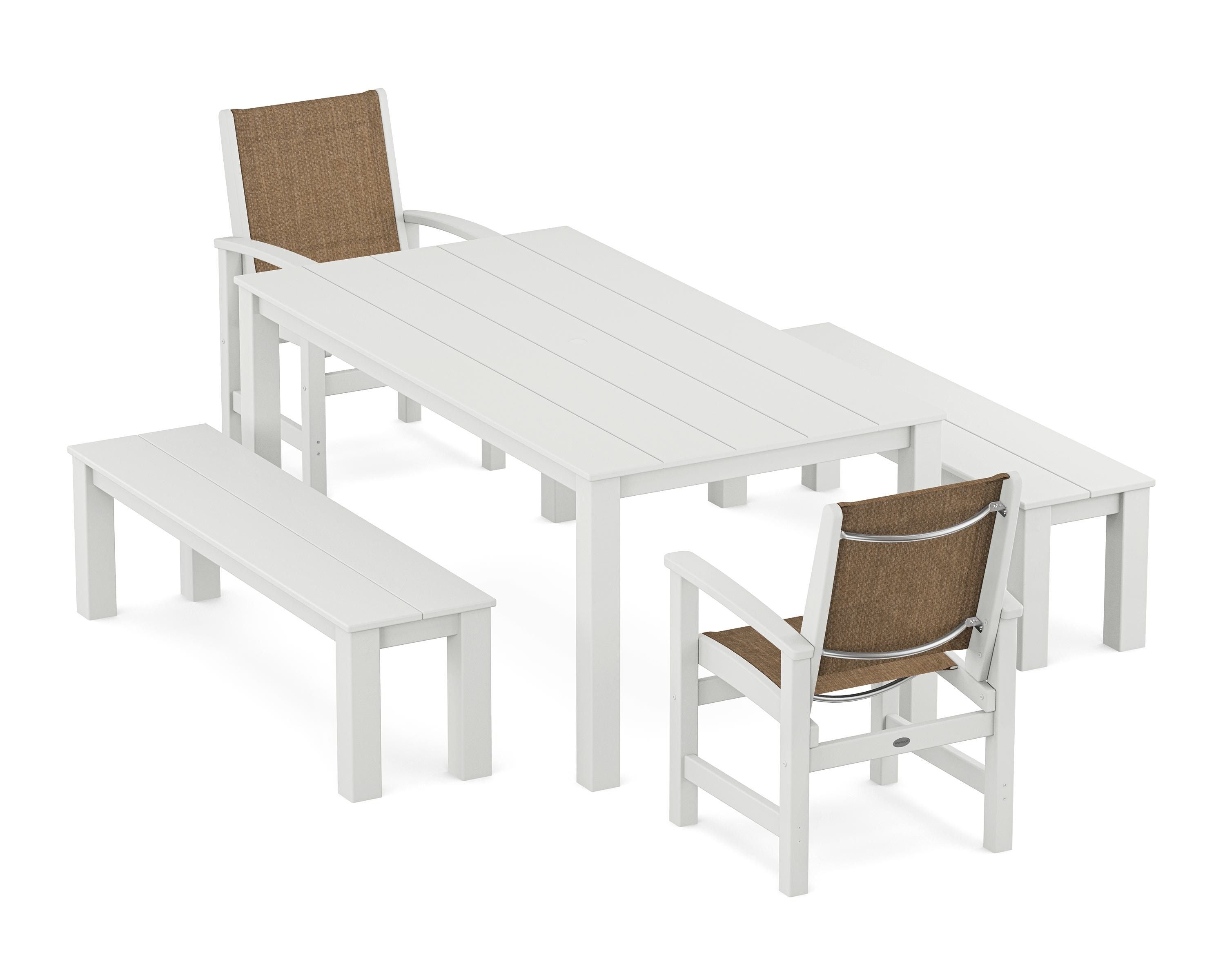 POLYWOOD Coastal 5-Piece Parsons Dining Set with Benches in White / Burlap Sling