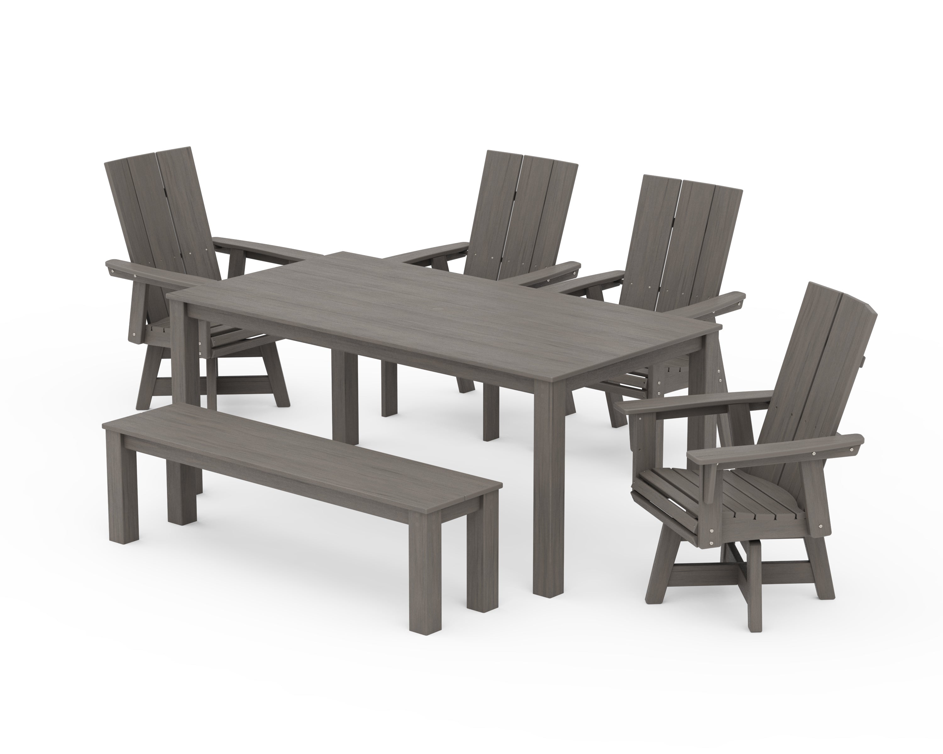 POLYWOOD Modern Curveback Adirondack 6-Piece Parsons Swivel Dining Set with Bench in Driftwood