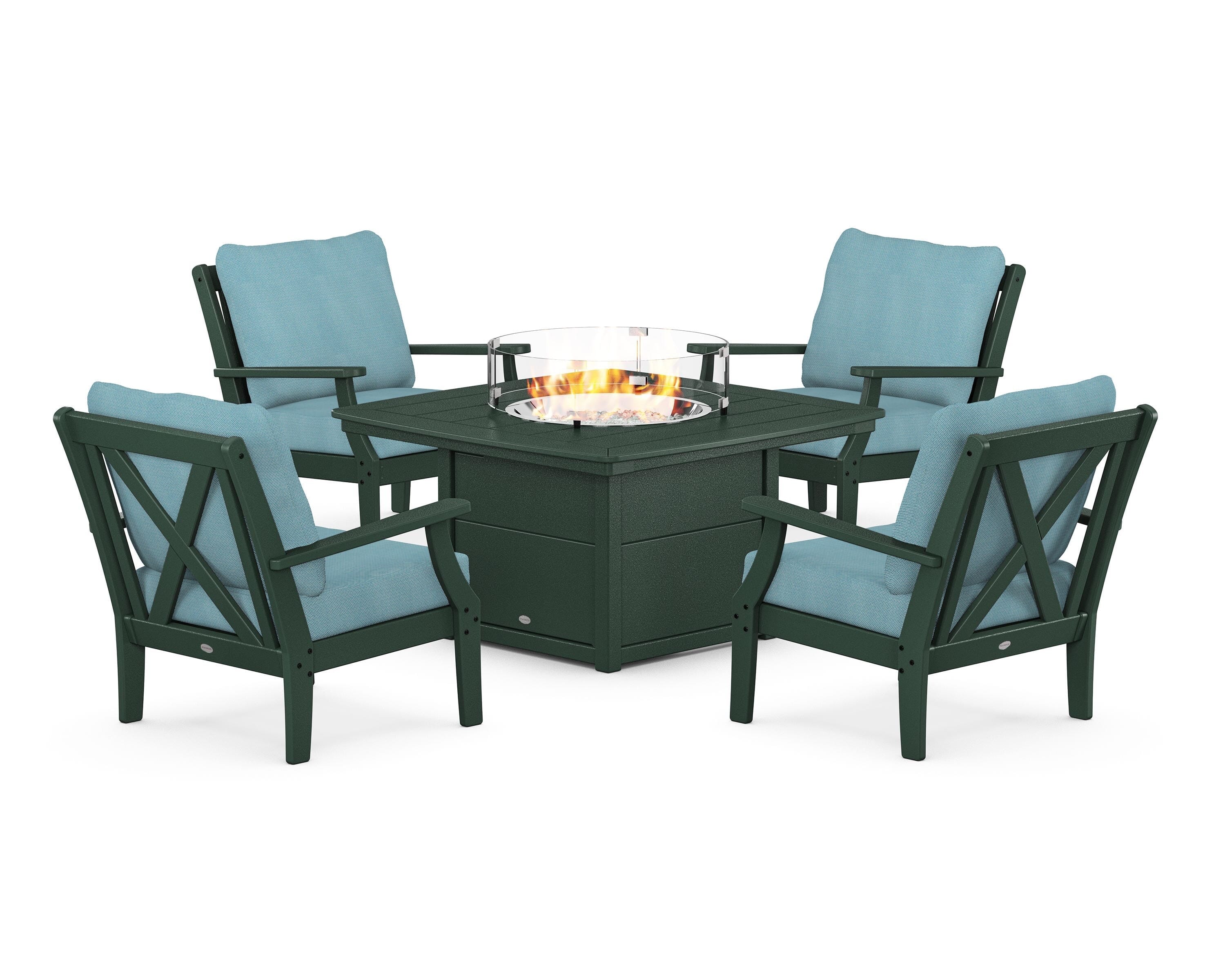 POLYWOOD Braxton 5-Piece Deep Seating Conversation Set with Fire Pit Table in Green / Lattice Sky Blue