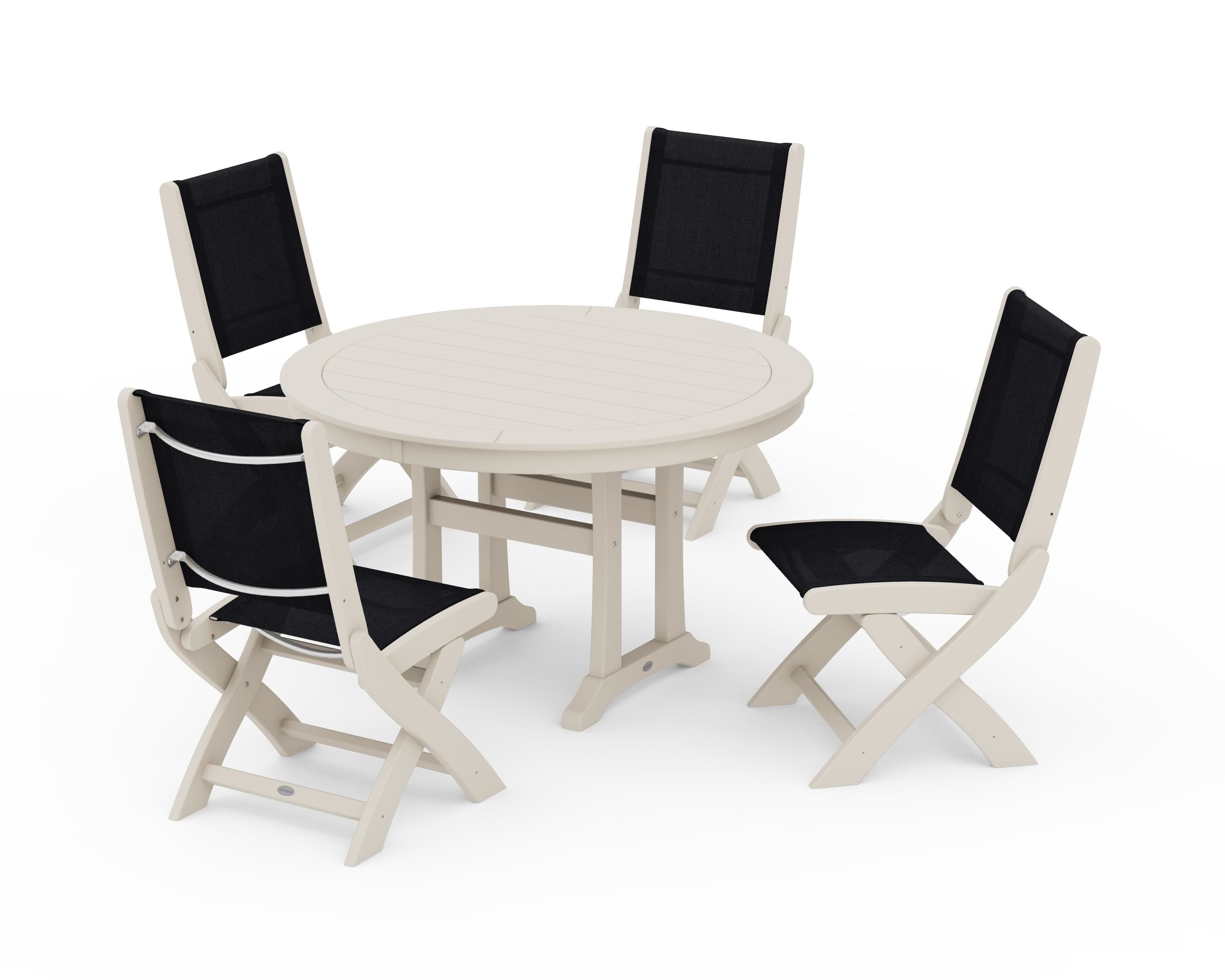 POLYWOOD Coastal Folding Side Chair 5-Piece Round Dining Set With Trestle Legs in Sand / Black Sling