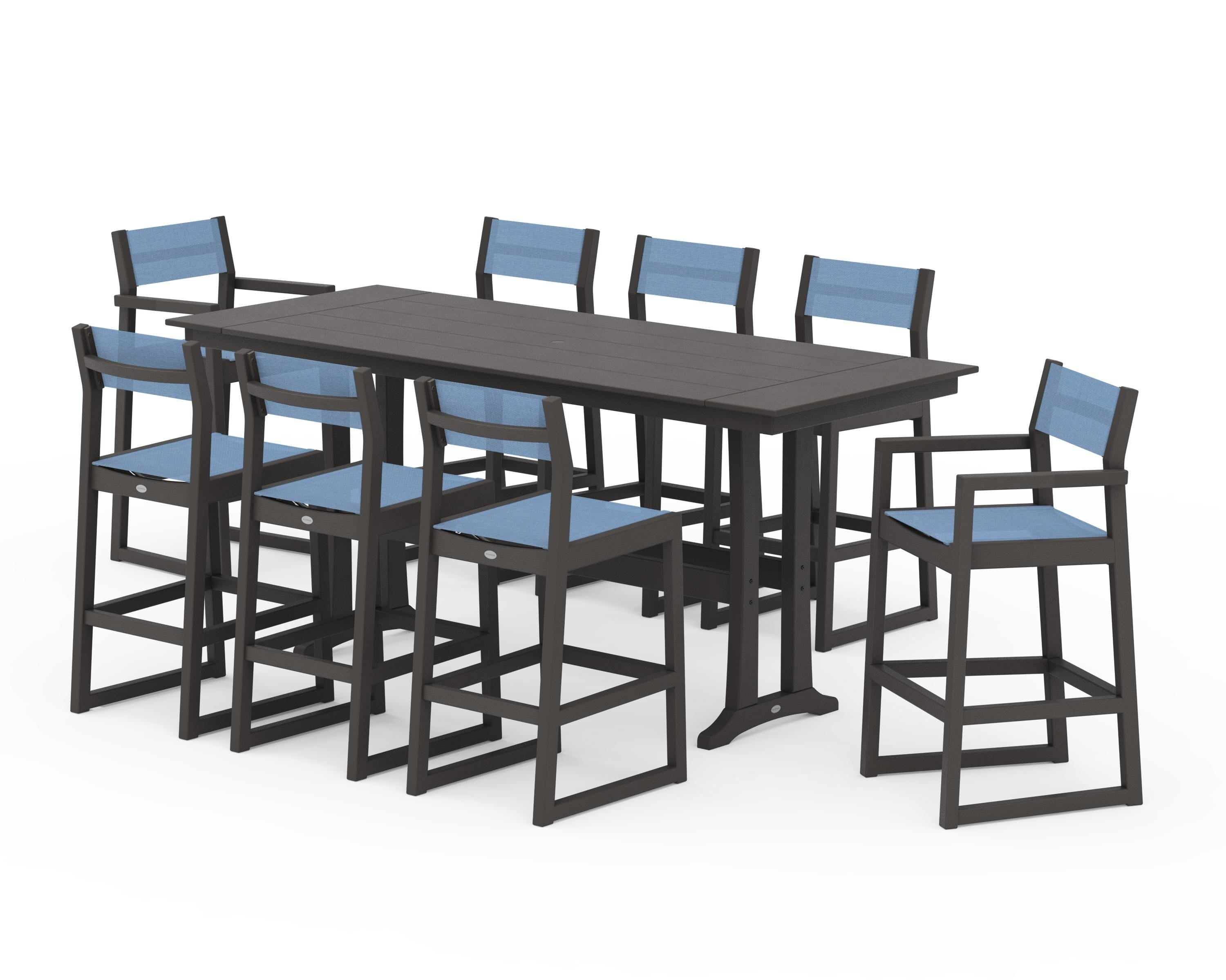 POLYWOOD EDGE Sling 9-Piece Farmhouse Bar Set with Trestle Legs in Vintage Coffee / Poolside Sling