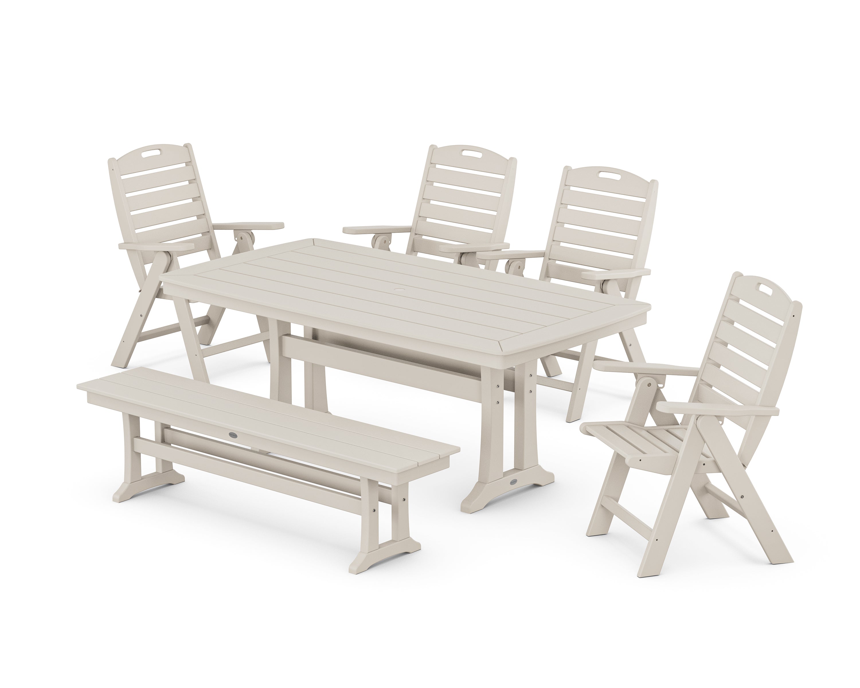 POLYWOOD Nautical Highback 6-Piece Dining Set with Trestle Legs and Bench in Sand