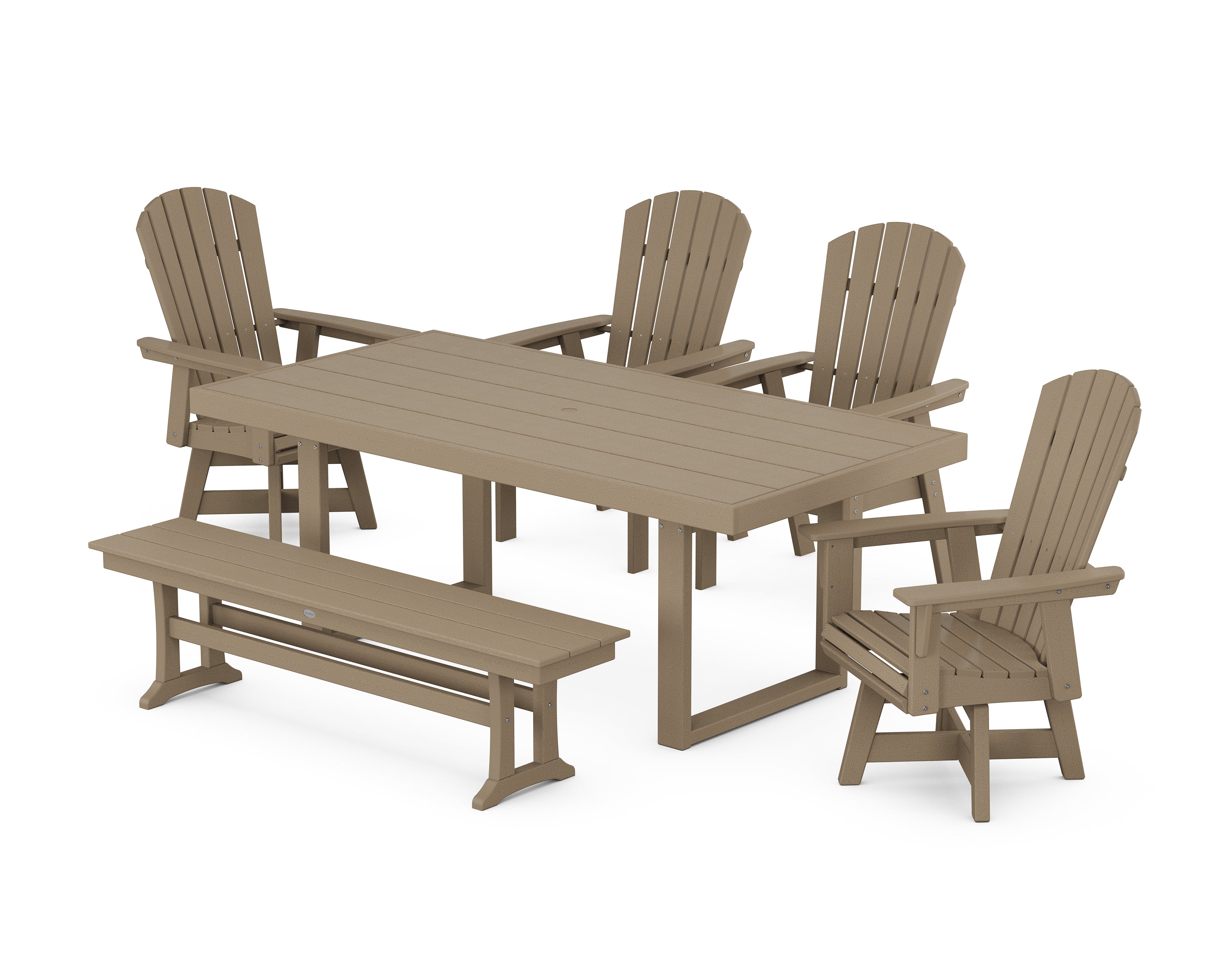 POLYWOOD® Nautical Curveback Adirondack Swivel Chair 6-Piece Dining Set with Bench in Vintage Sahara