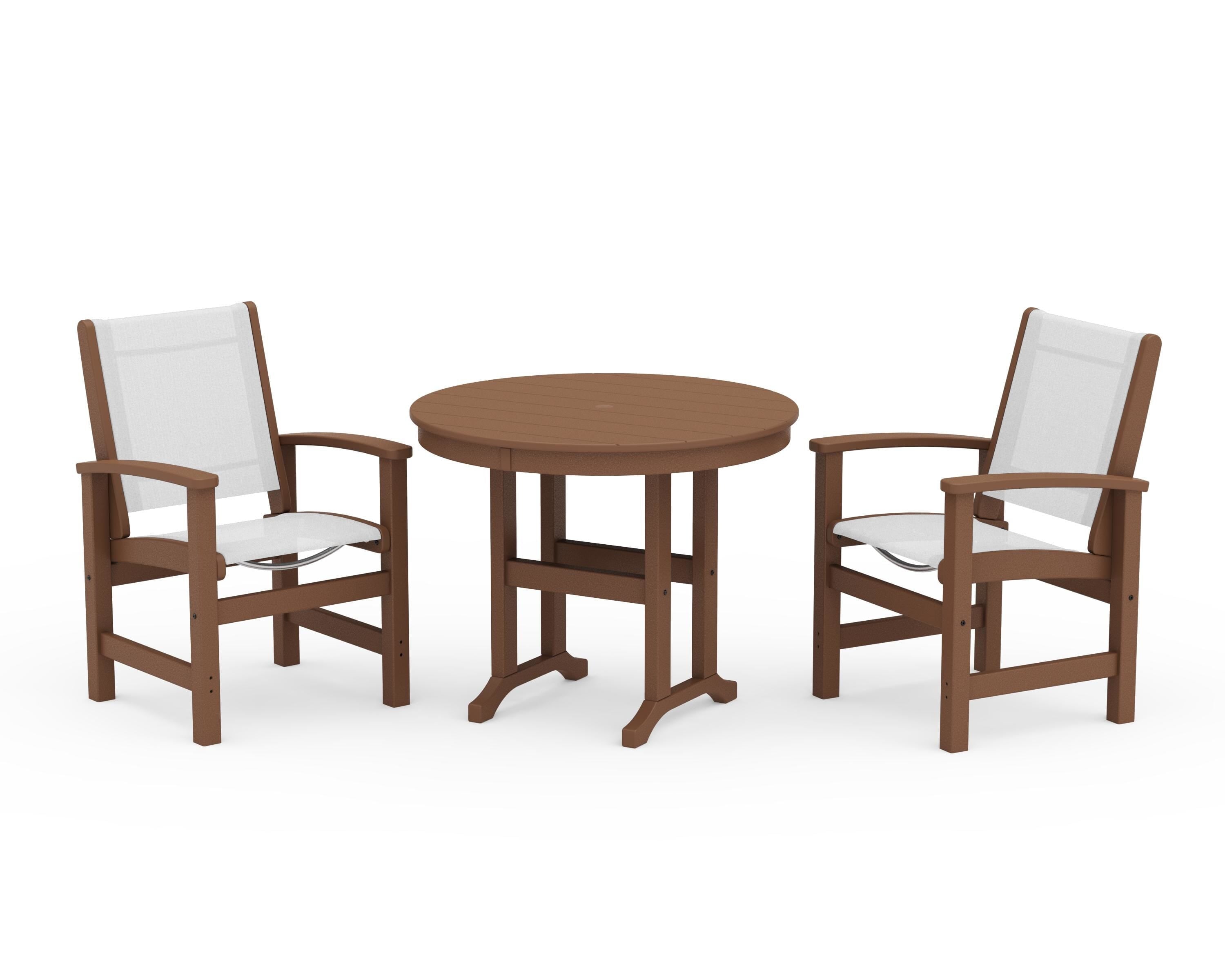 POLYWOOD Coastal 3-Piece Round Dining Set in Teak / White Sling