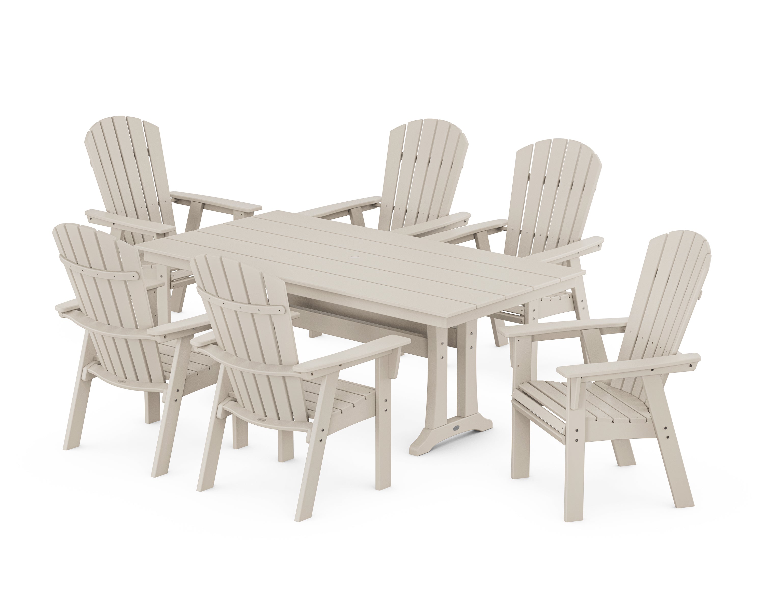 POLYWOOD Nautical Curveback Adirondack 7-Piece Farmhouse Dining Set with Trestle Legs in Sand