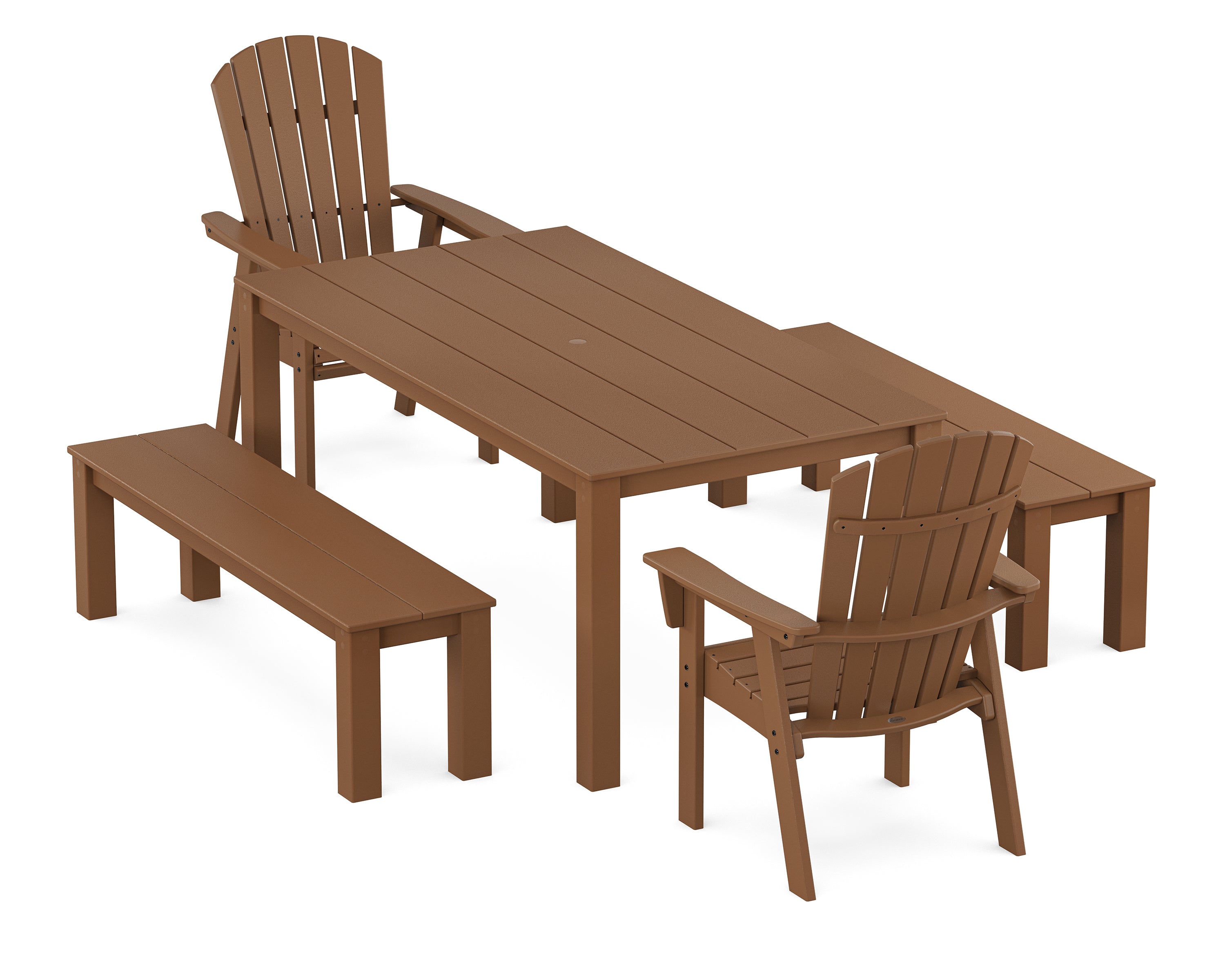 POLYWOOD Nautical Curveback Adirondack 5-Piece Parsons Dining Set with Benches in Teak