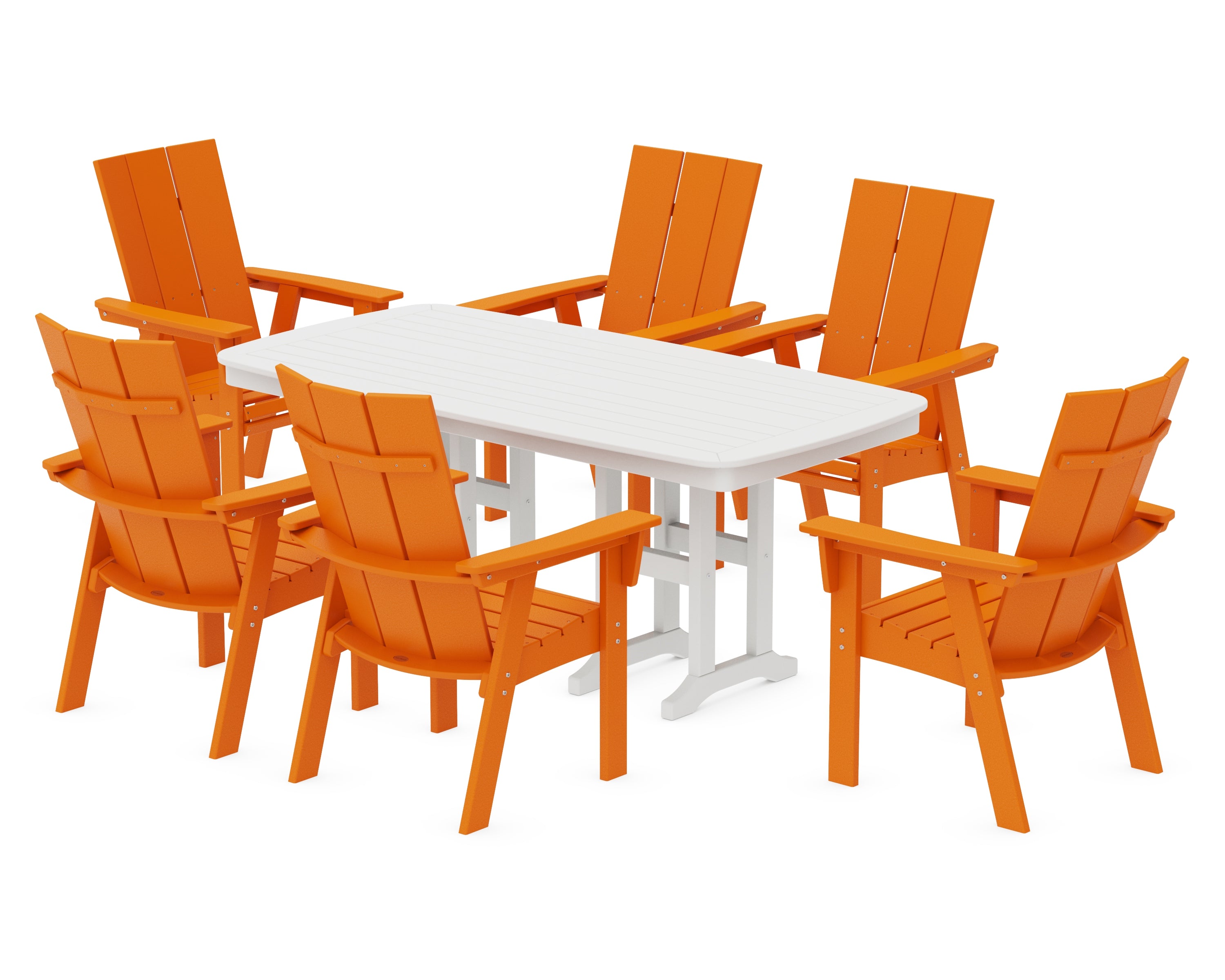 POLYWOOD Modern Curveback Adirondack 7-Piece Dining Set in Tangerine / White