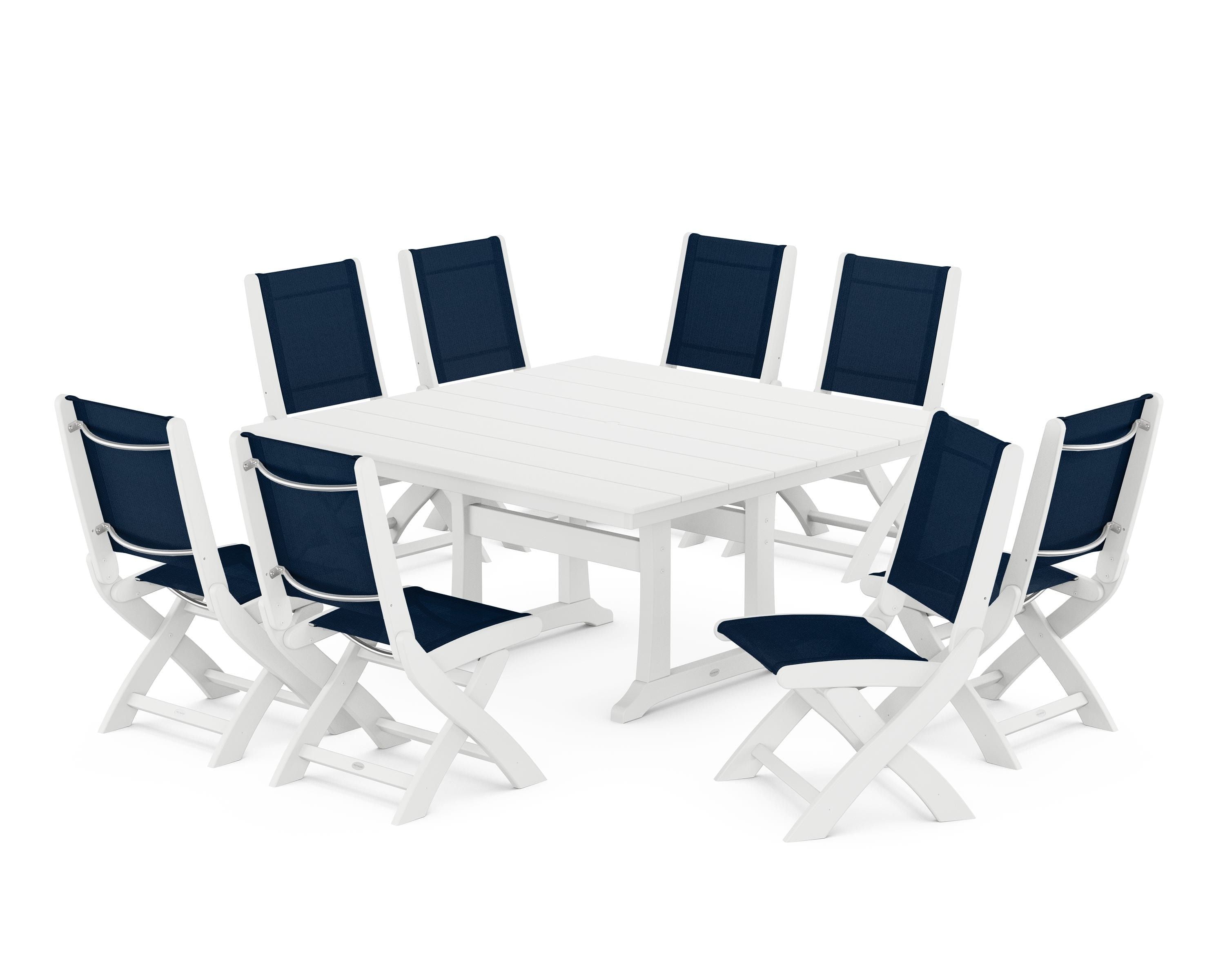 POLYWOOD Coastal Folding Side Chair 9-Piece Farmhouse Dining Set in White / Navy Blue Sling