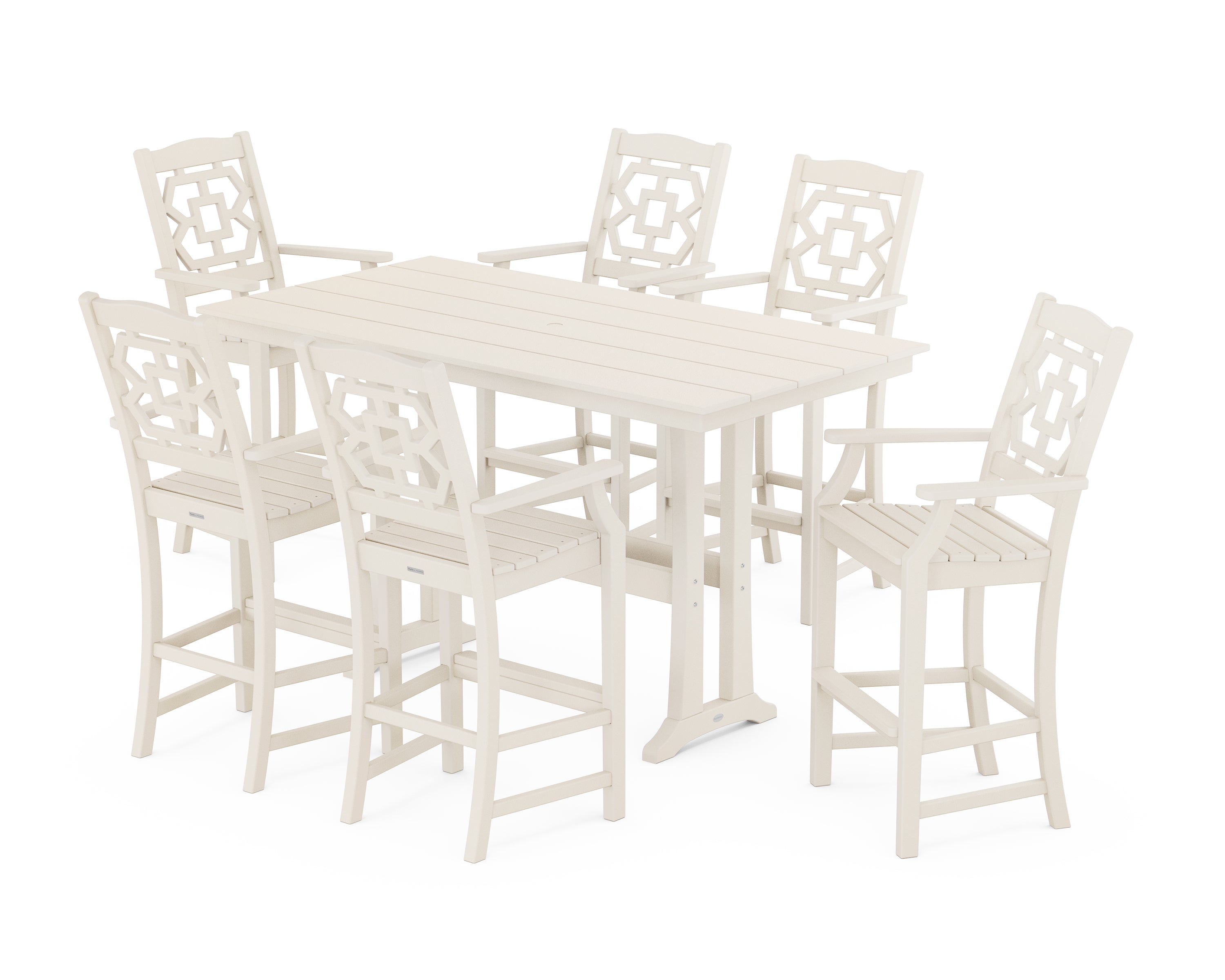 Martha Stewart by POLYWOOD Chinoiserie Arm Chair 7-Piece Farmhouse Bar Set with Trestle Legs in Sand