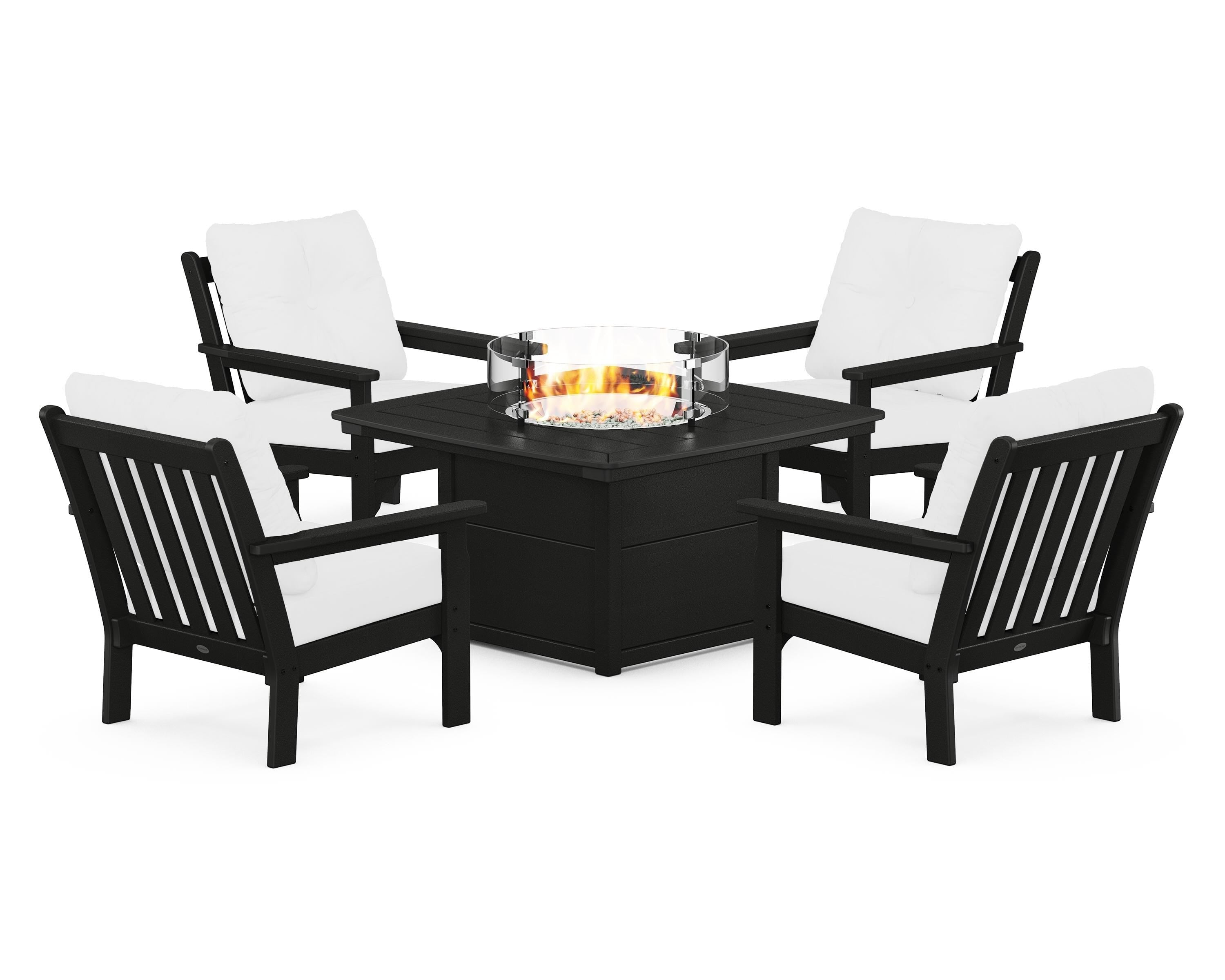 POLYWOOD Vineyard 5-Piece Conversation Set with Fire Pit Table in Black / Natural