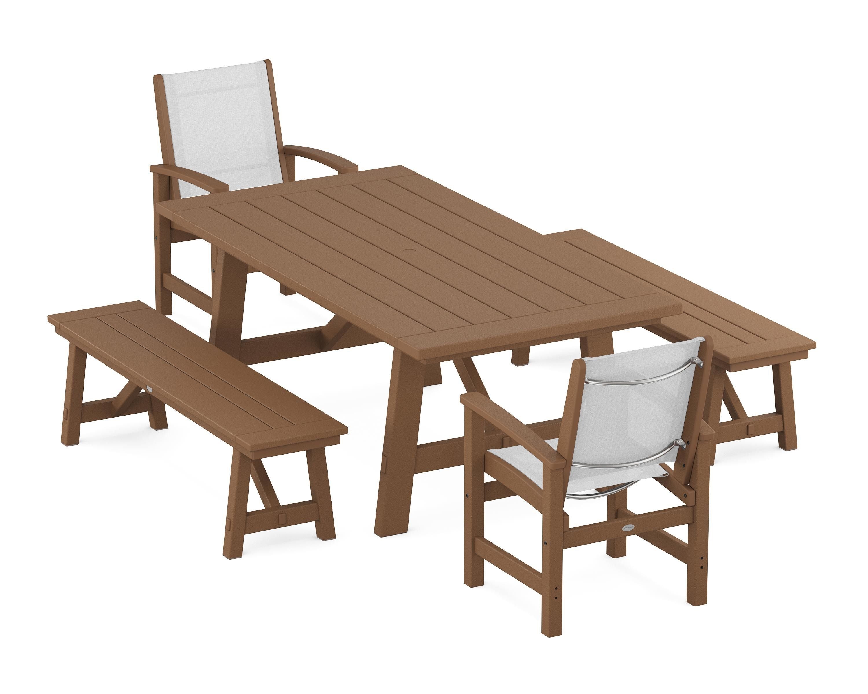 POLYWOOD Coastal 5-Piece Rustic Farmhouse Dining Set With Benches in Teak / White Sling