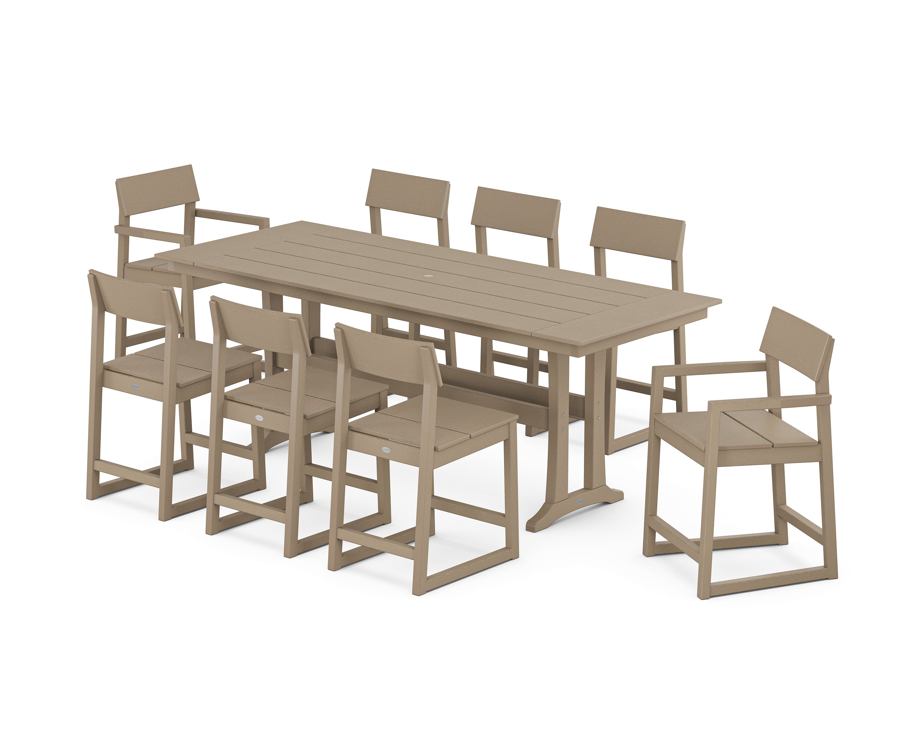 POLYWOOD EDGE 9-Piece Farmhouse Counter Set with Trestle Legs in Vintage Sahara