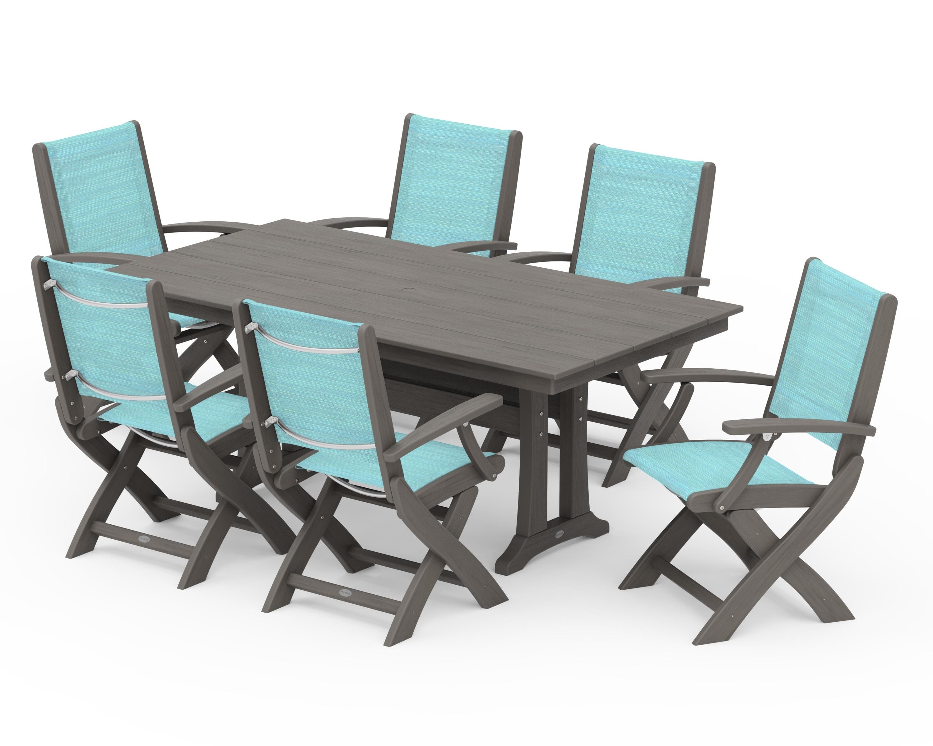 POLYWOOD Coastal Folding Arm Chair 7-Piece Farmhouse Dining Set with Trestle Legs in Driftwood / Dupioni Aquamarine Sling
