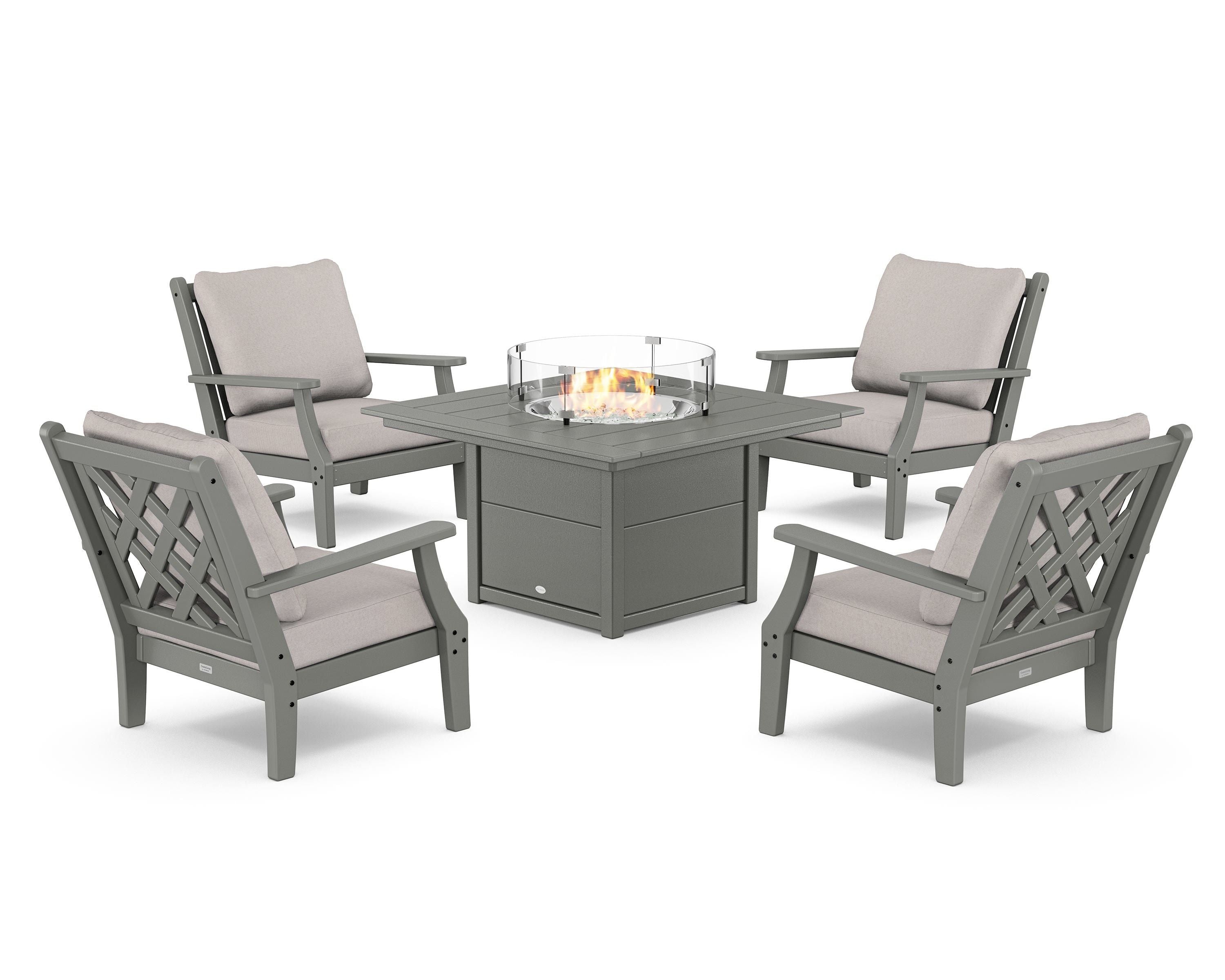 Country Living Wovendale 5-Piece Deep Seating Set with Fire Pit Table in Slate Grey / Dune Burlap